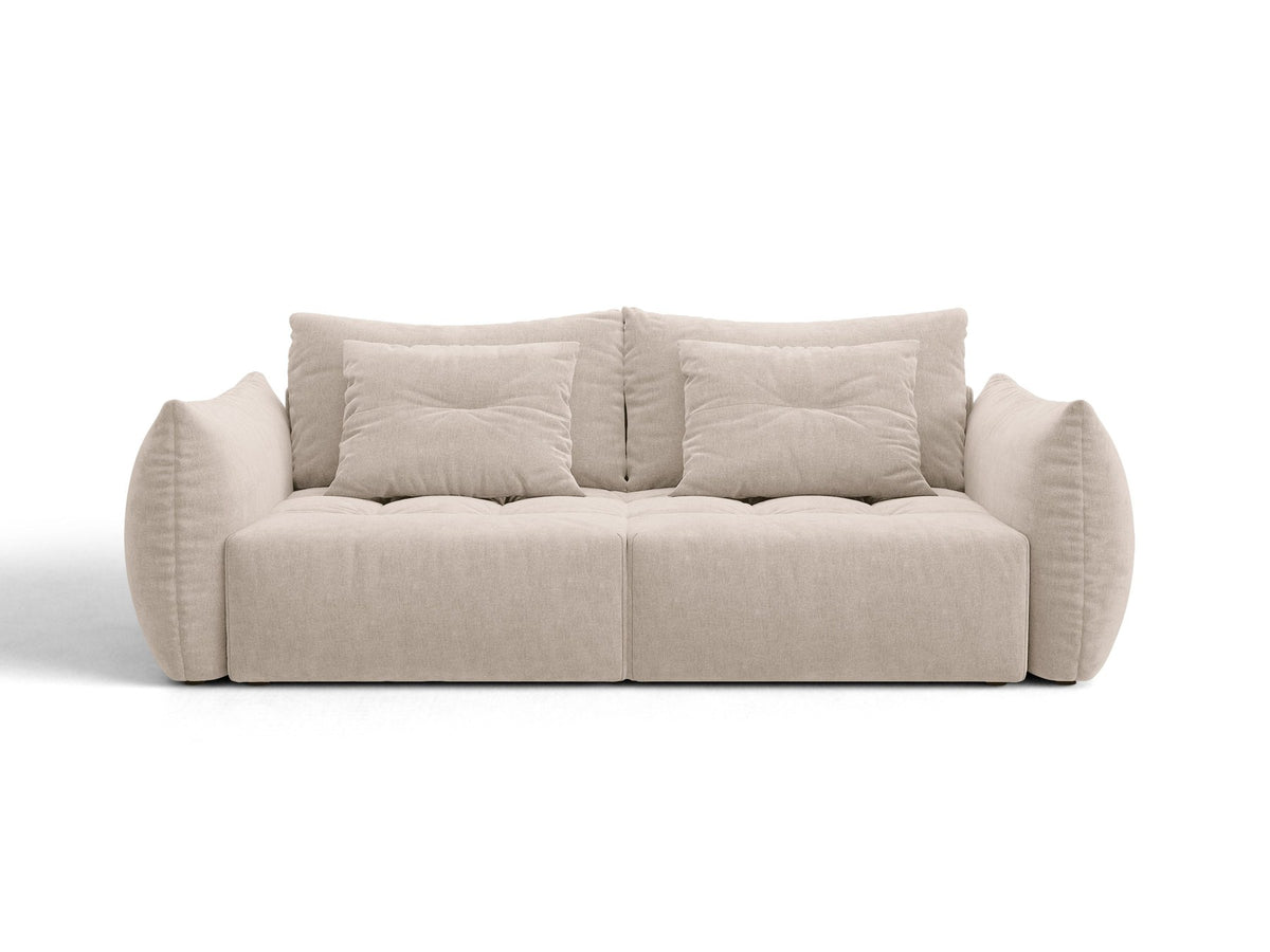 Beiges 3er Sofa Bloom von Micadoni aus samtigem Casino-Stoff mit schwarzen Kunststoffbeinen, ausklappbarer Bettfunktion und Stauraumfach.