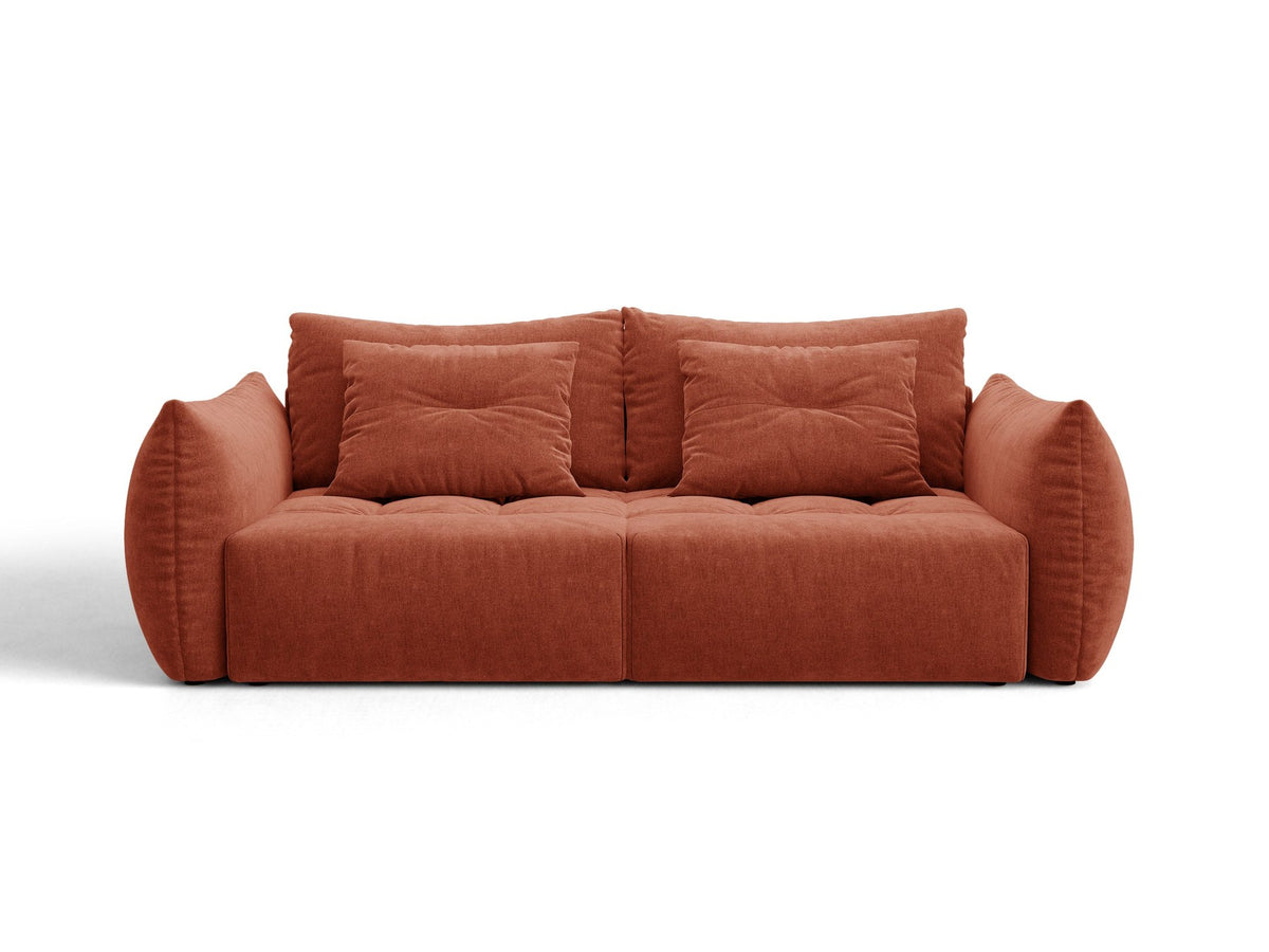 Beiges 3er Sofa Bloom von Micadoni aus samtigem Casino-Stoff mit schwarzen Kunststoffbeinen, ausklappbarer Bettfunktion und Stauraumfach.