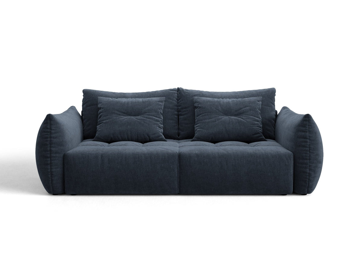 Beiges 3er Sofa Bloom von Micadoni aus samtigem Casino-Stoff mit schwarzen Kunststoffbeinen, ausklappbarer Bettfunktion und Stauraumfach.