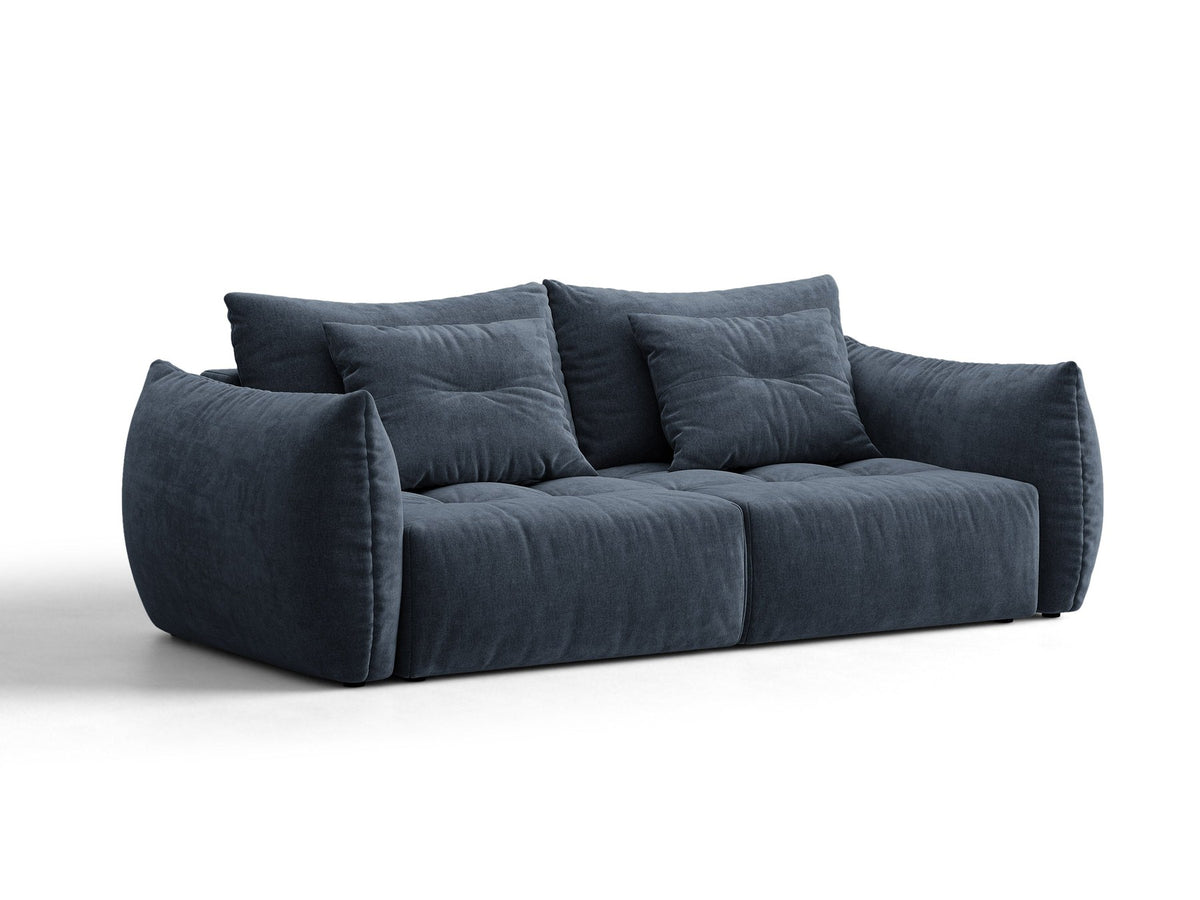 Beiges 3er Sofa Bloom von Micadoni aus samtigem Casino-Stoff mit schwarzen Kunststoffbeinen, ausklappbarer Bettfunktion und Stauraumfach.