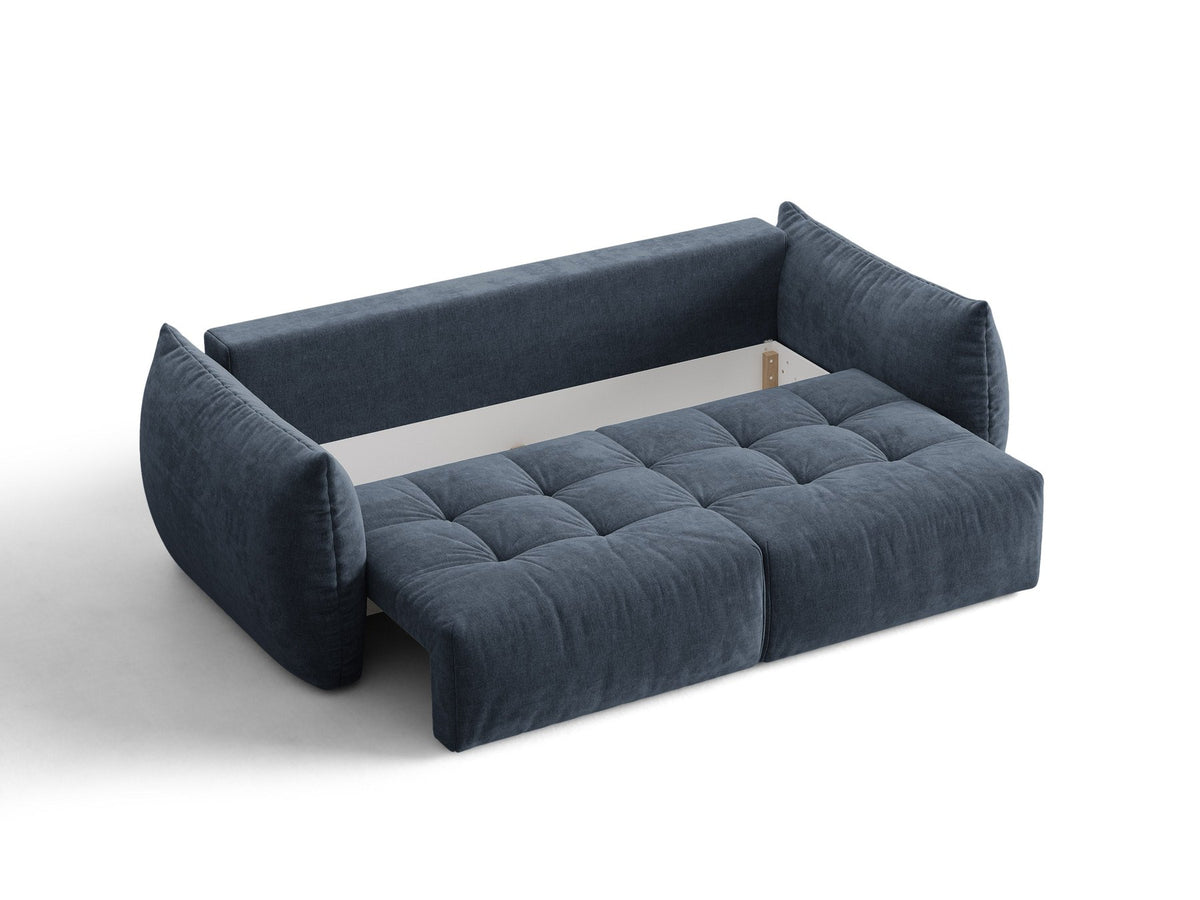 Beiges 3er Sofa Bloom von Micadoni aus samtigem Casino-Stoff mit schwarzen Kunststoffbeinen, ausklappbarer Bettfunktion und Stauraumfach.