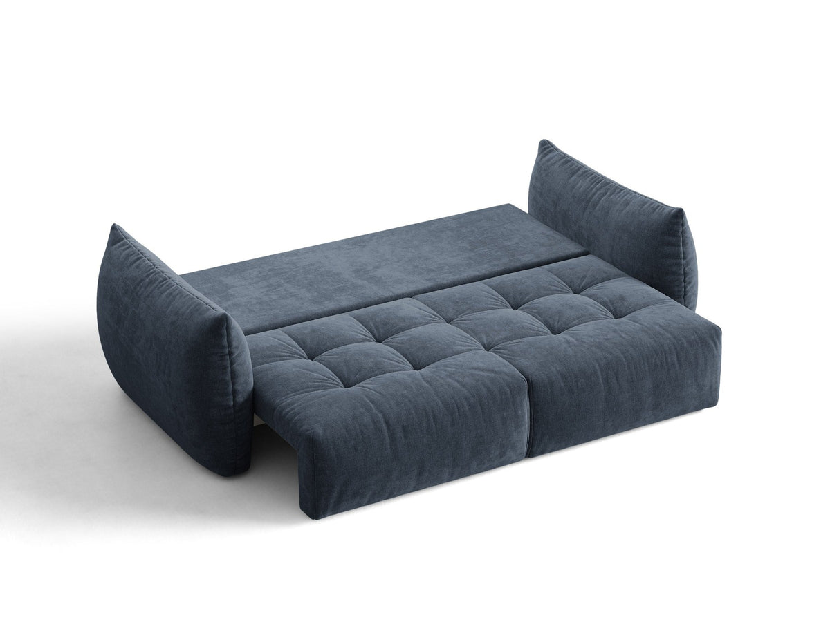 Beiges 3er Sofa Bloom von Micadoni aus samtigem Casino-Stoff mit schwarzen Kunststoffbeinen, ausklappbarer Bettfunktion und Stauraumfach.
