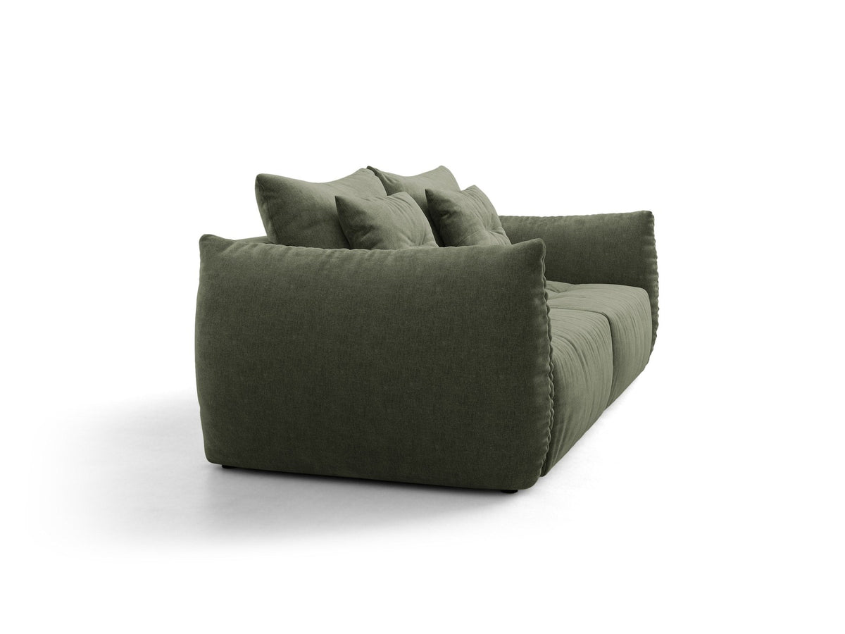 Beiges 3er Sofa Bloom von Micadoni aus samtigem Casino-Stoff mit schwarzen Kunststoffbeinen, ausklappbarer Bettfunktion und Stauraumfach.