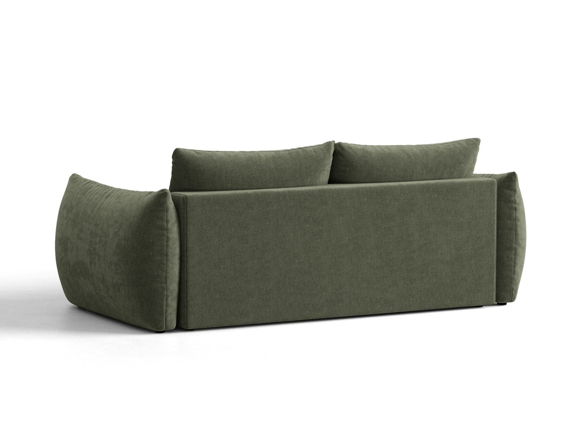 Beiges 3er Sofa Bloom von Micadoni aus samtigem Casino-Stoff mit schwarzen Kunststoffbeinen, ausklappbarer Bettfunktion und Stauraumfach.