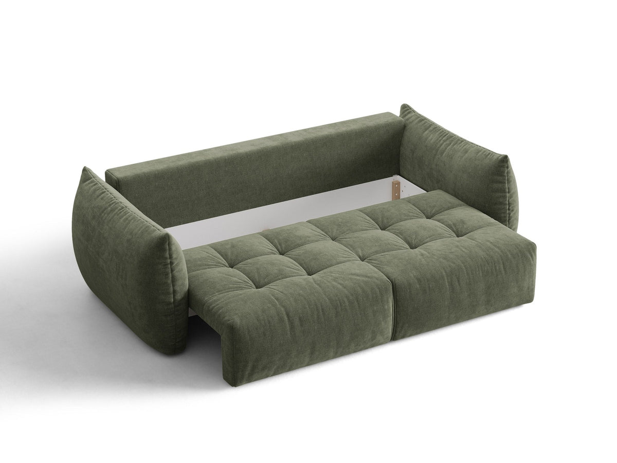 Beiges 3er Sofa Bloom von Micadoni aus samtigem Casino-Stoff mit schwarzen Kunststoffbeinen, ausklappbarer Bettfunktion und Stauraumfach.