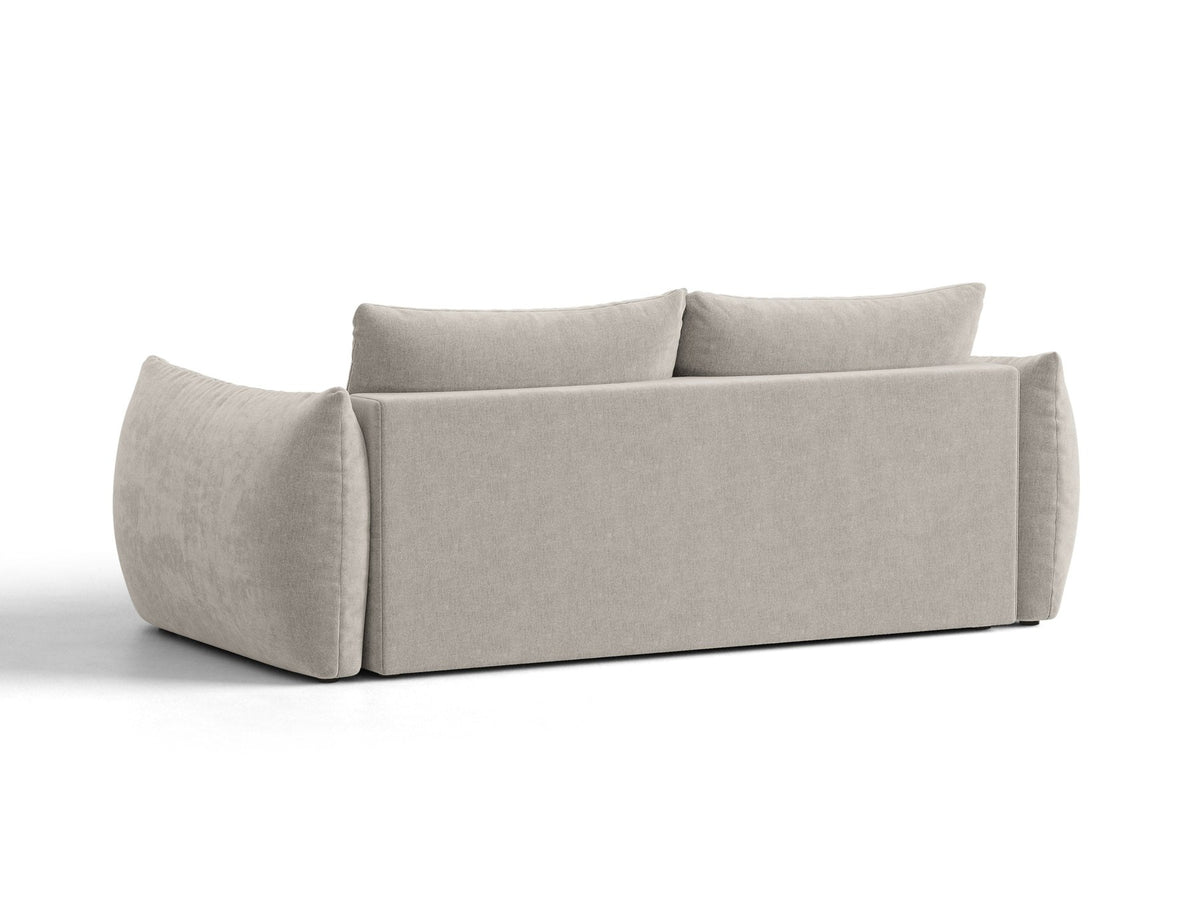Beiges 3er Sofa Bloom von Micadoni aus samtigem Casino-Stoff mit schwarzen Kunststoffbeinen, ausklappbarer Bettfunktion und Stauraumfach.