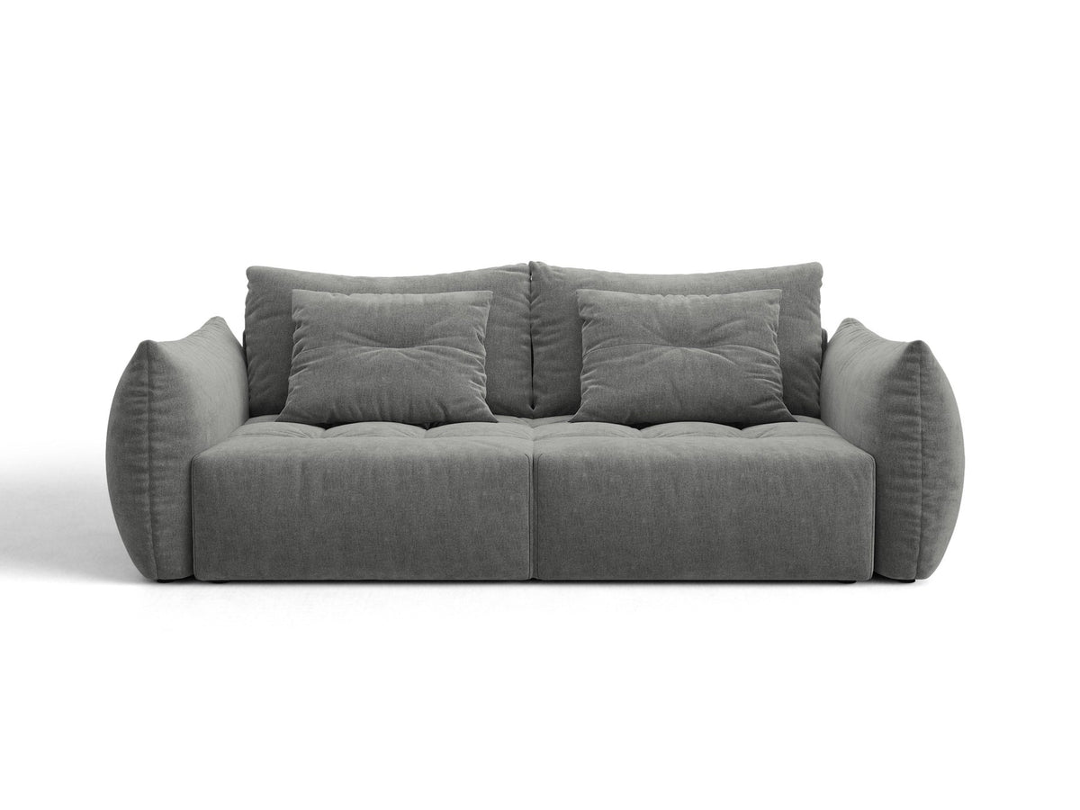 Beiges 3er Sofa Bloom von Micadoni aus samtigem Casino-Stoff mit schwarzen Kunststoffbeinen, ausklappbarer Bettfunktion und Stauraumfach.
