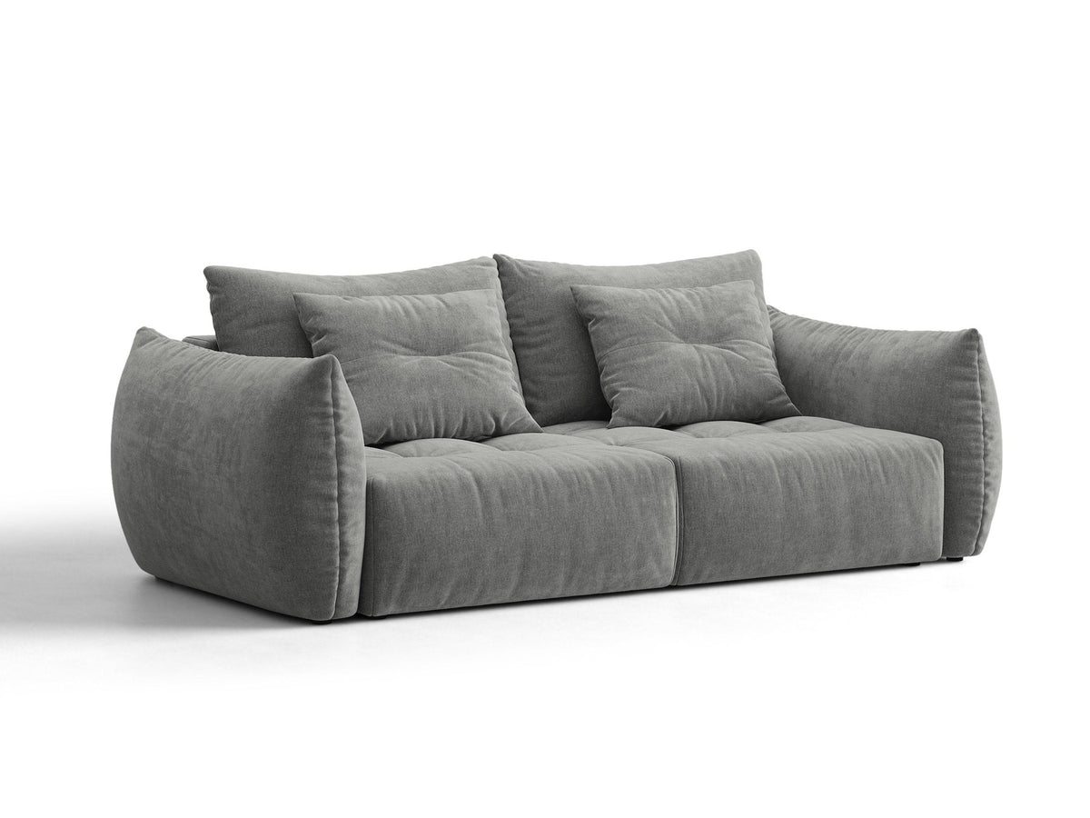 Beiges 3er Sofa Bloom von Micadoni aus samtigem Casino-Stoff mit schwarzen Kunststoffbeinen, ausklappbarer Bettfunktion und Stauraumfach.