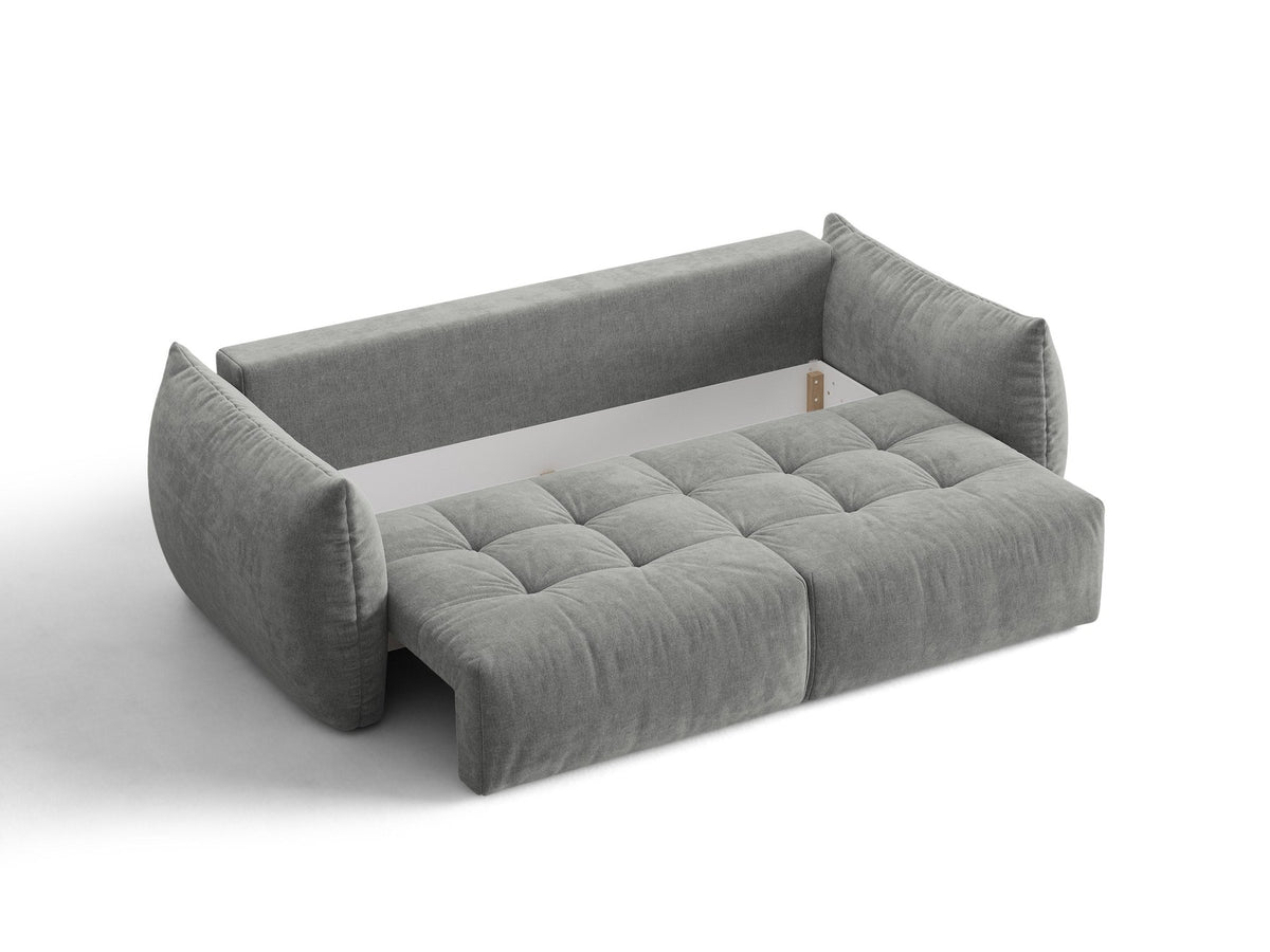 Beiges 3er Sofa Bloom von Micadoni aus samtigem Casino-Stoff mit schwarzen Kunststoffbeinen, ausklappbarer Bettfunktion und Stauraumfach.