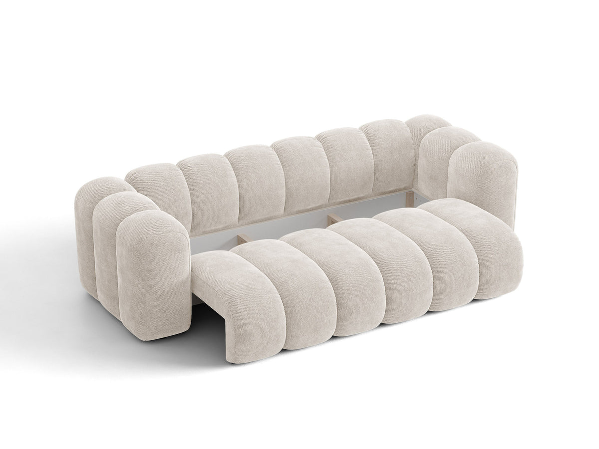 Micadoni Lupine 3er Sofa in leichtem Beige mit Bettfunktion, Stauraum im Bettkasten und schwarzen Kunststoffbeinen, Stoffbezug Eden 2 Pearl