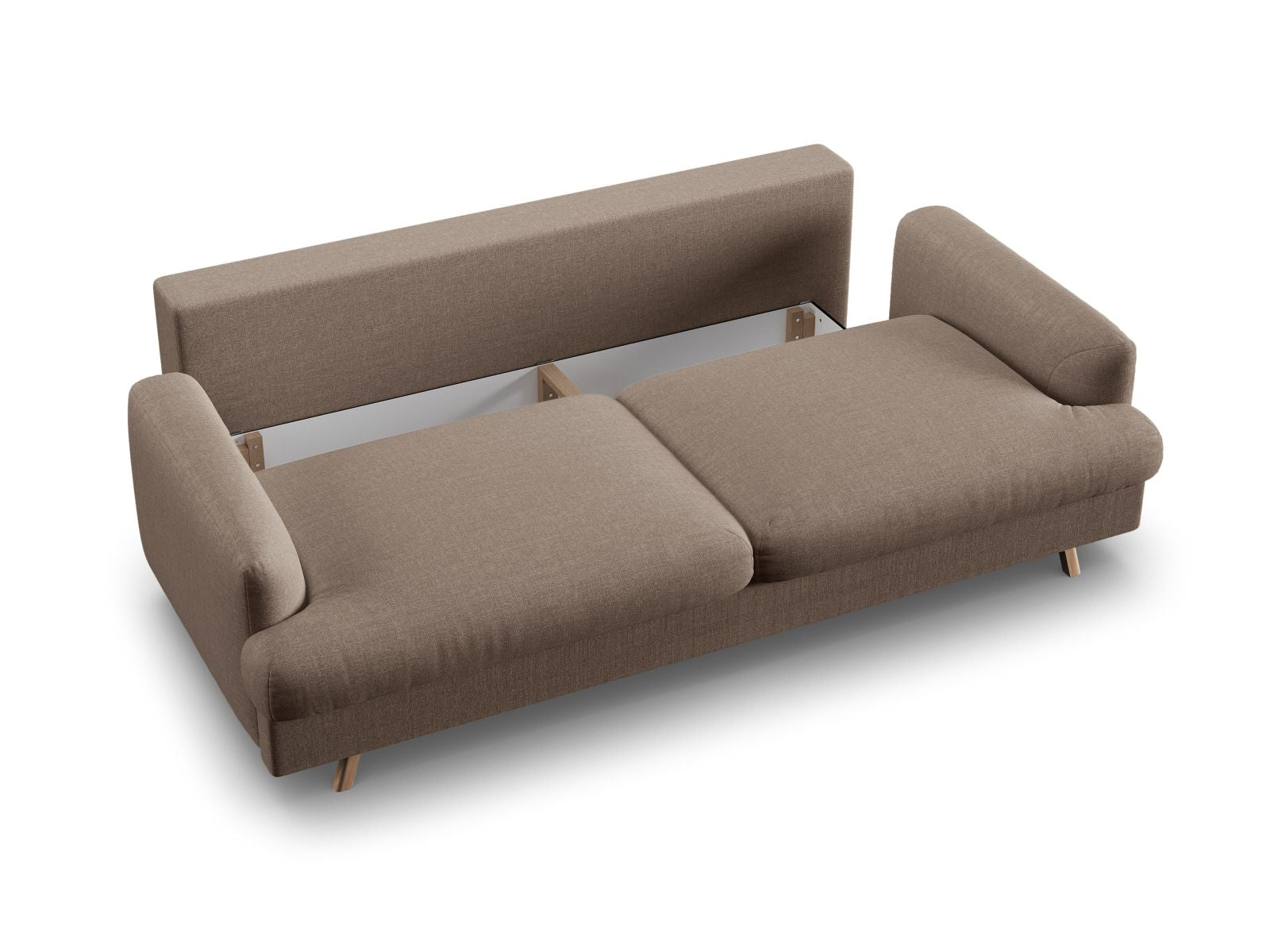 Stylisches 3-Sitzer Sofa Naomi in warmem Cappuccino, perfekt für Gästeübernachtungen und mit praktischem Stauraum für Kissen und Decken.