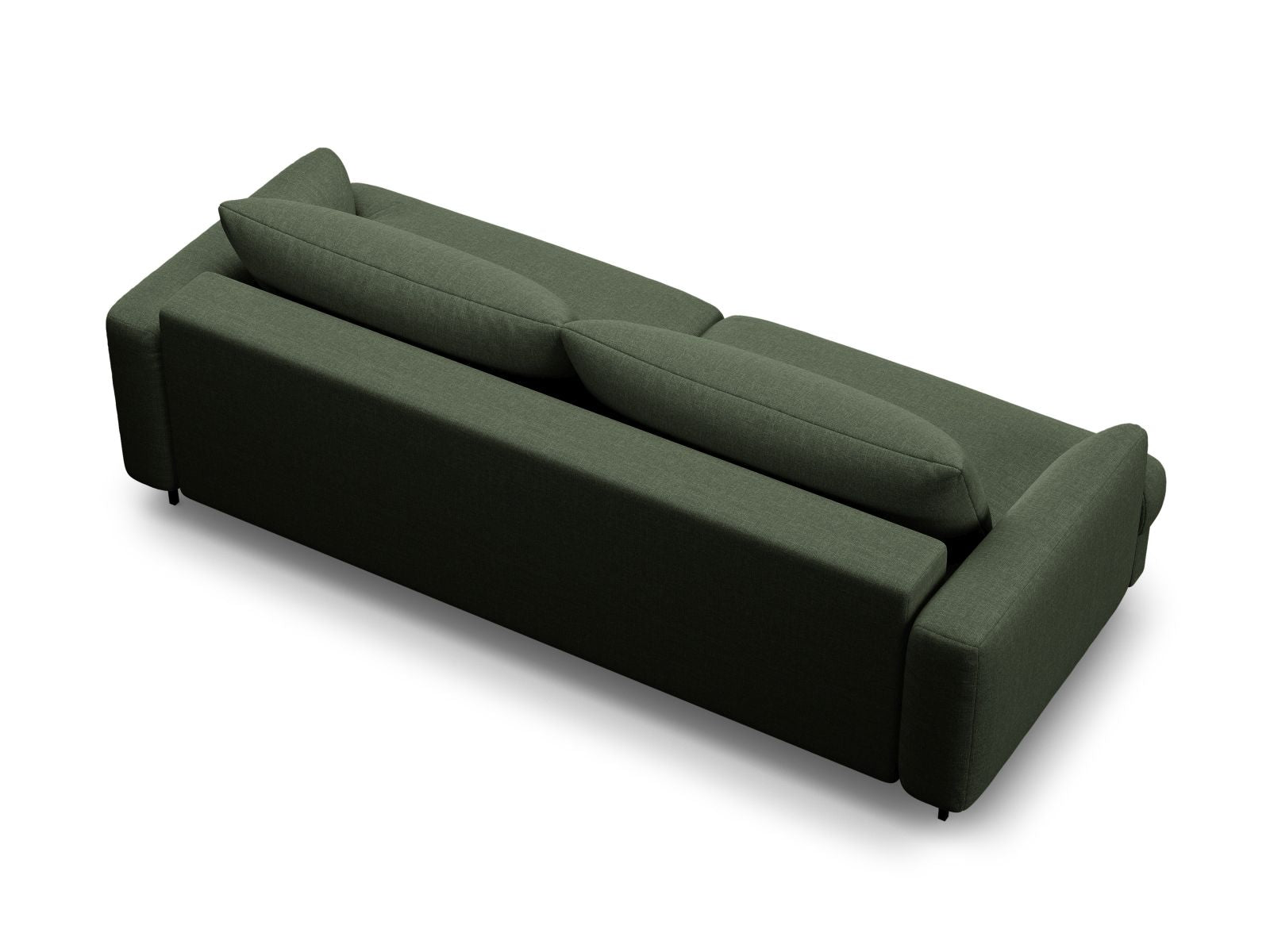 Stylisches 3-Sitzer Bettsofa Naomi in elegantem Moosgrün, ideal für Wohnräume, bietet Schlafgelegenheit und praktischen Stauraum.