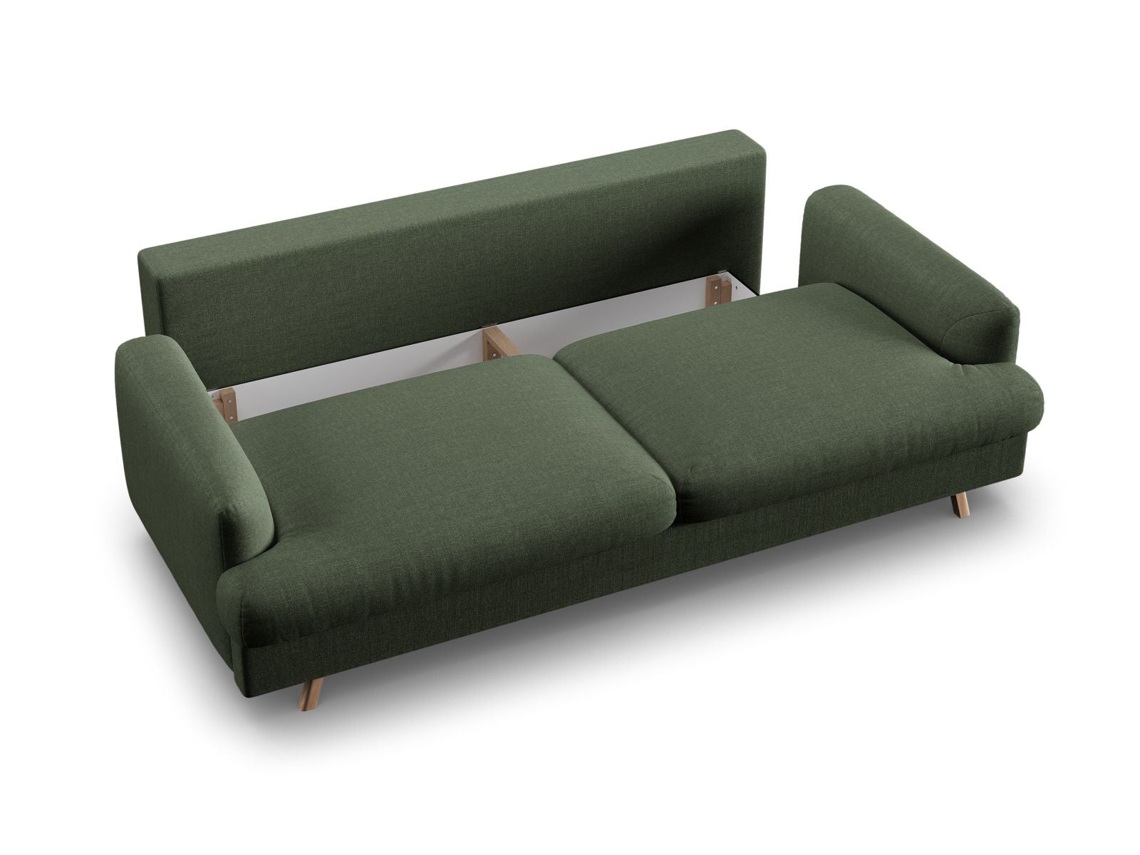 Modernes 3-Sitzer Sofa Naomi in edlem Moosgrün, ideal für Gästeübernachtungen und mit praktischem Stauraum für Kissen und Decken.