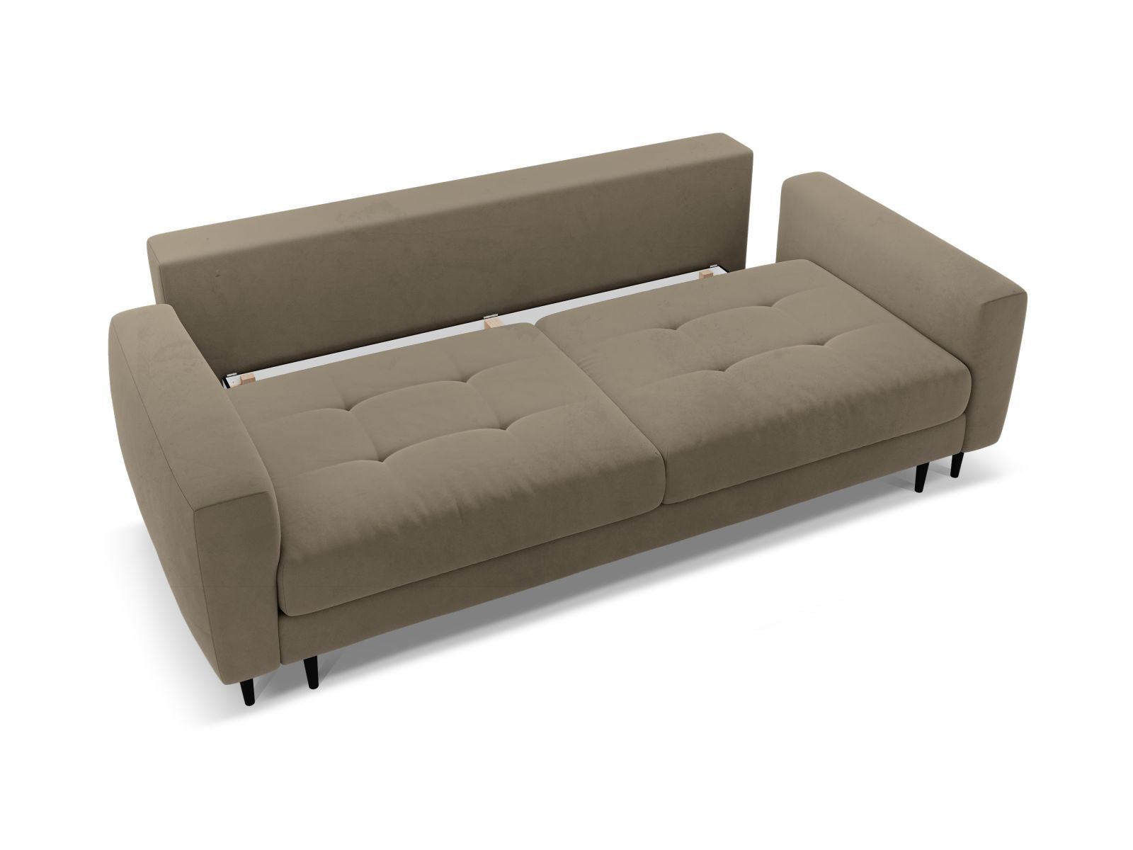 Stylisches 3-Sitzer Bettsofa Bemy in zeitlosem Grau-Braun, perfekt für Gästeübernachtungen und mit praktischem Stauraum für Decken.