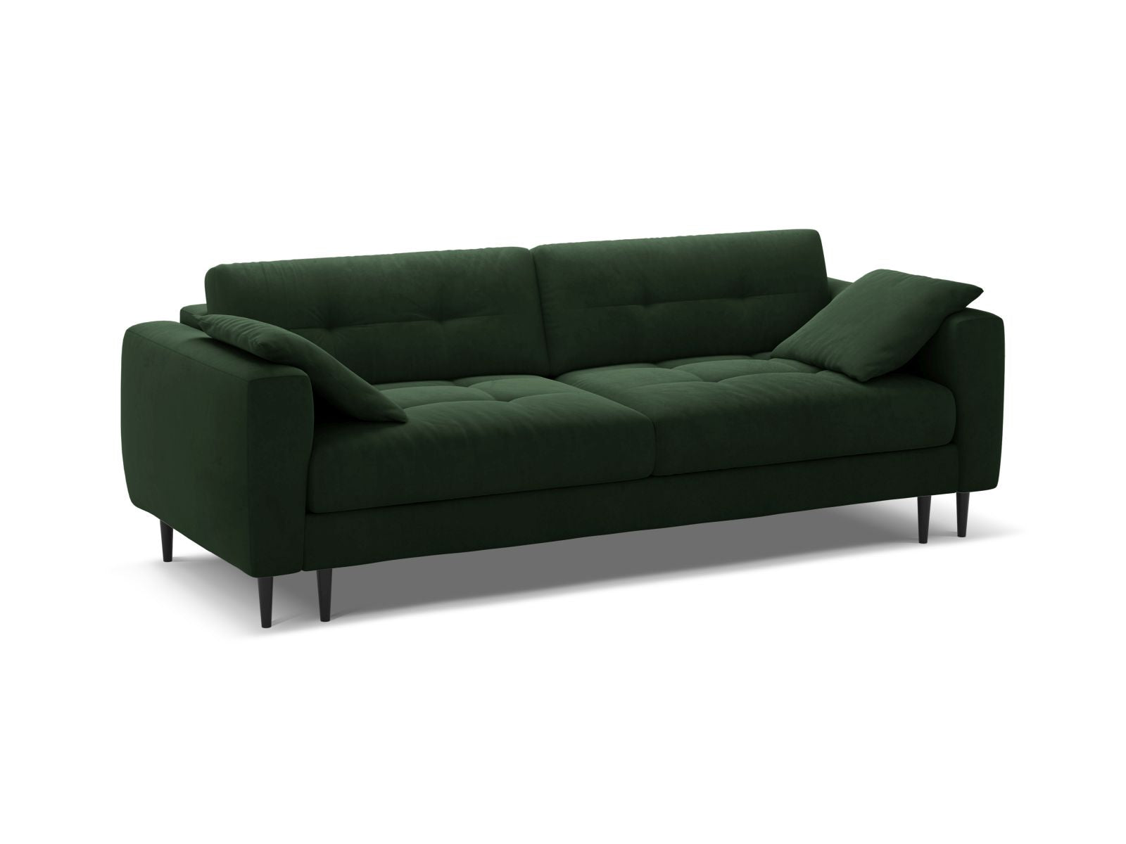 Elegantes 3-Sitzer Sofa Bemy in Flaschengrün mit praktischer Schlaffunktion und Stauraum, ideal für modernes Wohnen.