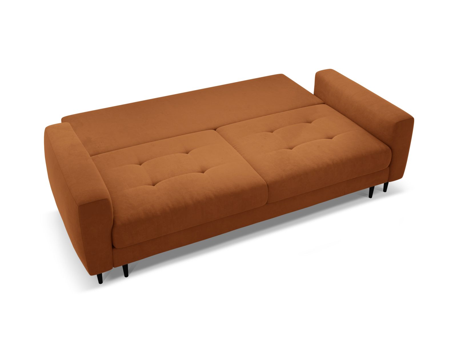 Elegantes 3-Sitzer Sofa Bemy in Terracotta, vereint modernes Design mit praktischer Schlaffunktion und integriertem Stauraum.
