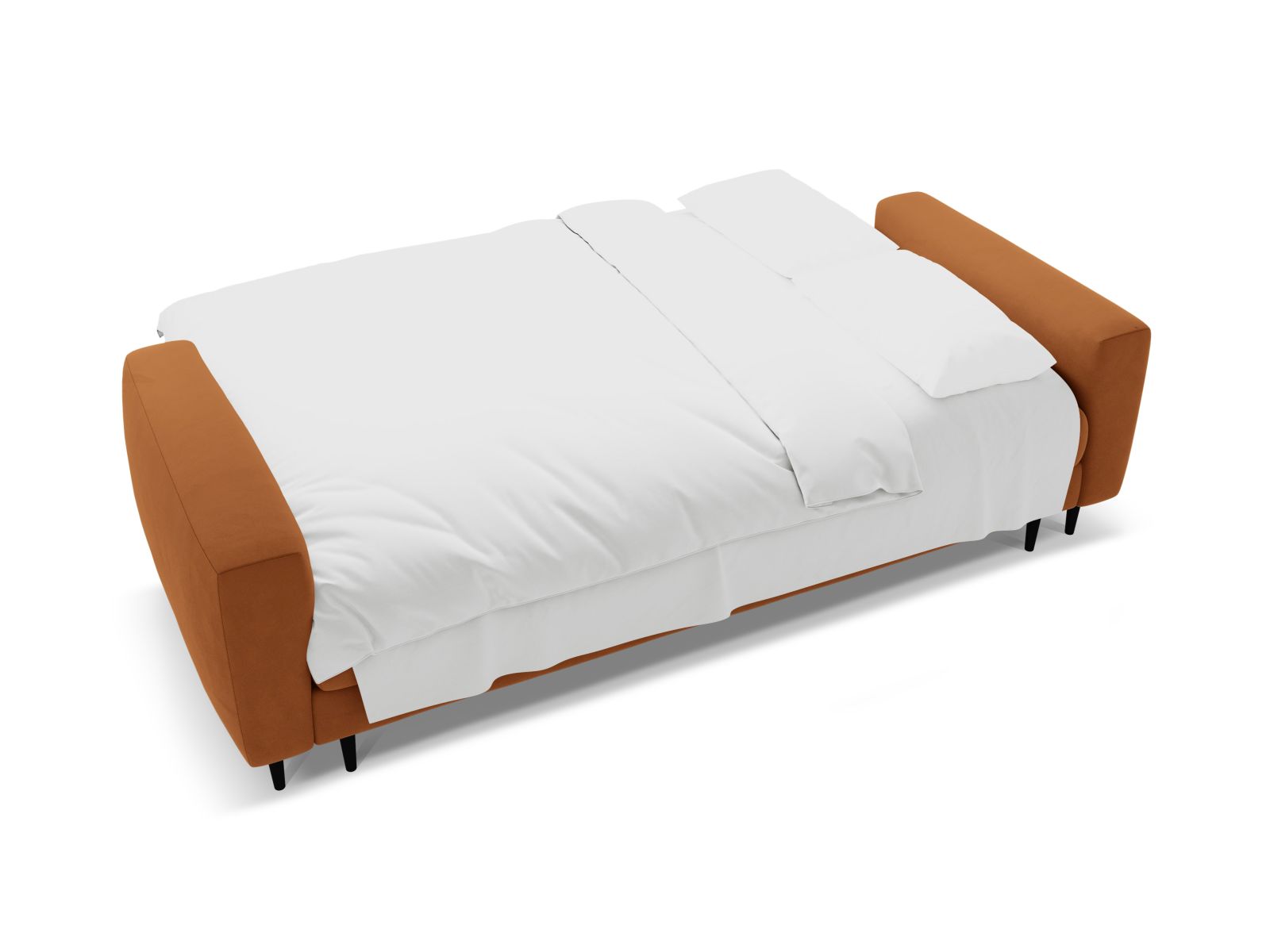 Stylisches 3-Sitzer Bettsofa Bemy in warmem Terracotta, ideal für Wohnräume, bietet Schlafgelegenheit und cleveren Stauraum.