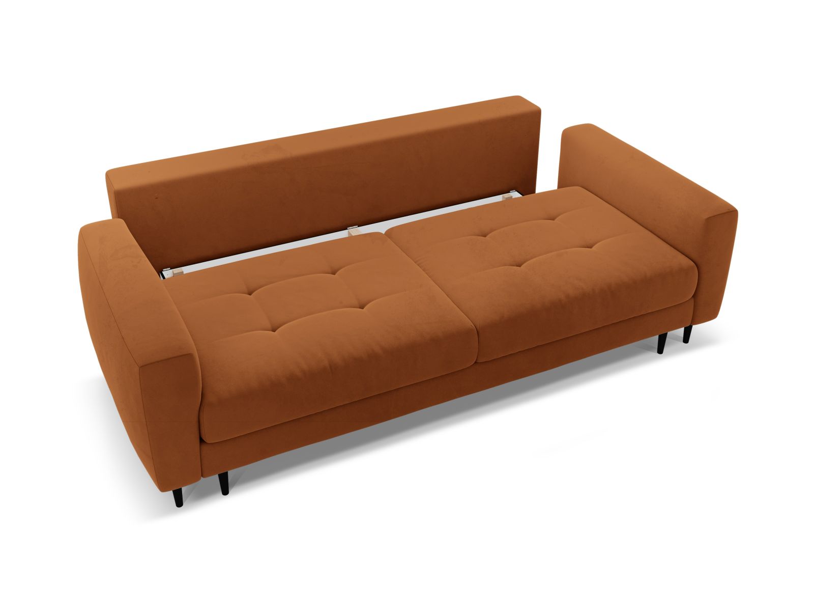 Modernes 3-Sitzer Sofa Bemy in elegantem Terracotta, kombiniert Komfort mit praktischer Schlaffunktion und integriertem Stauraum.