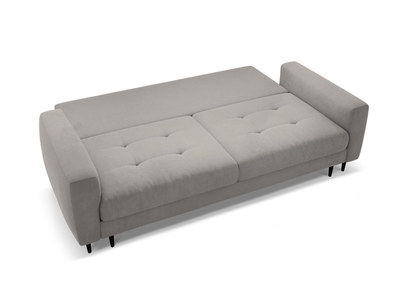 Stylisches 3-Sitzer Bettsofa Bemy in zeitlosem Grau, ideal für Gästeübernachtungen und zur Aufbewahrung von Decken und Kissen.