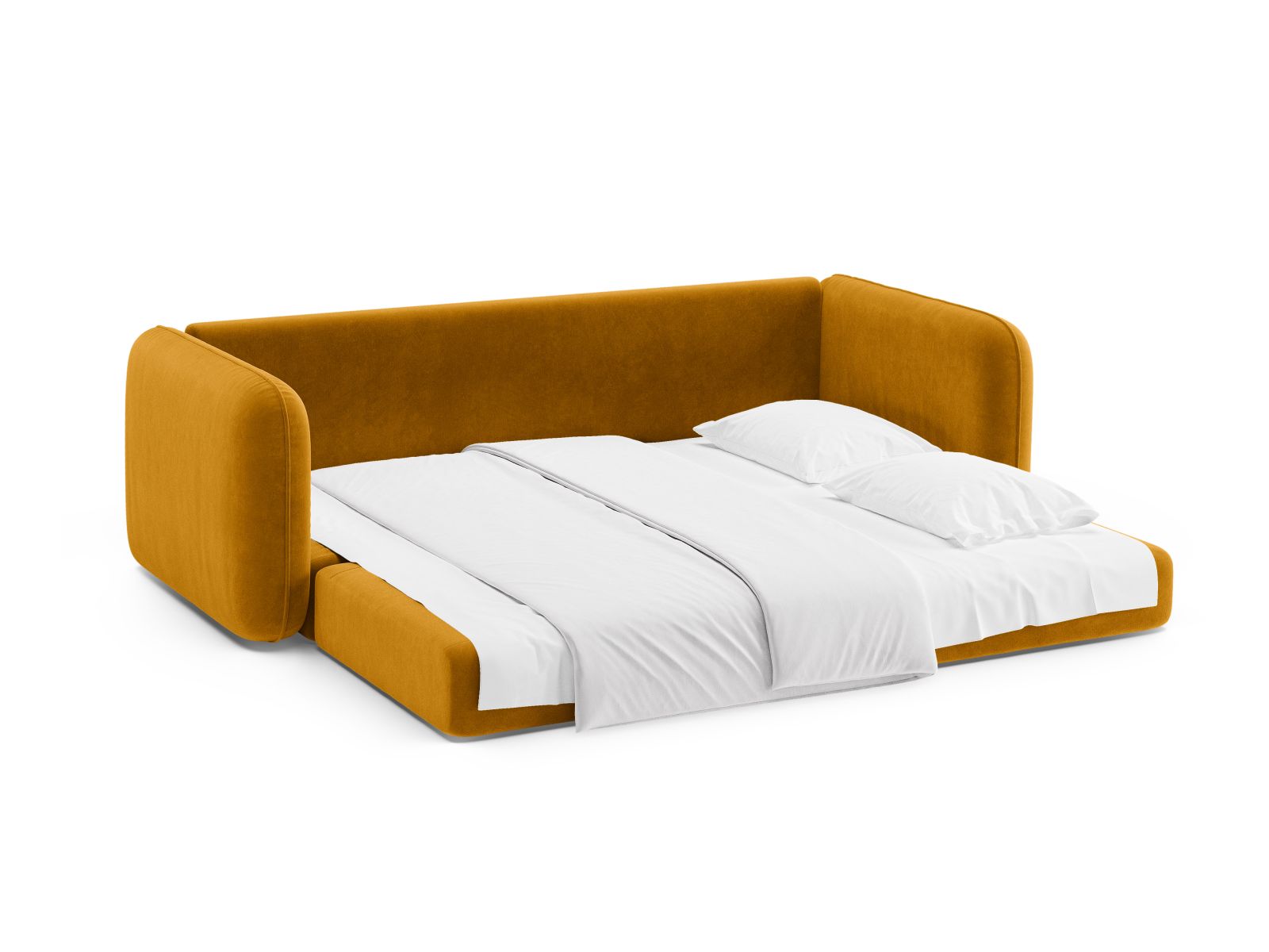 Modernes 3-Sitzer Bettsofa Dormi in strahlendem Gelb, perfekt für gemütliche Stunden und als praktische Schlaflösung für Übernachtungsgäste.