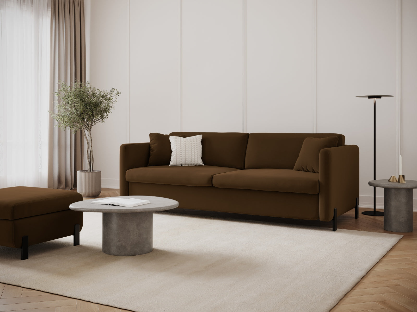 Elegantes 3-Sitzer Sofa "Gloria" aus Velours mit Schlaffunktion in edlem Chocolate-Salvador, ideal für stilvolle Wohnräume.