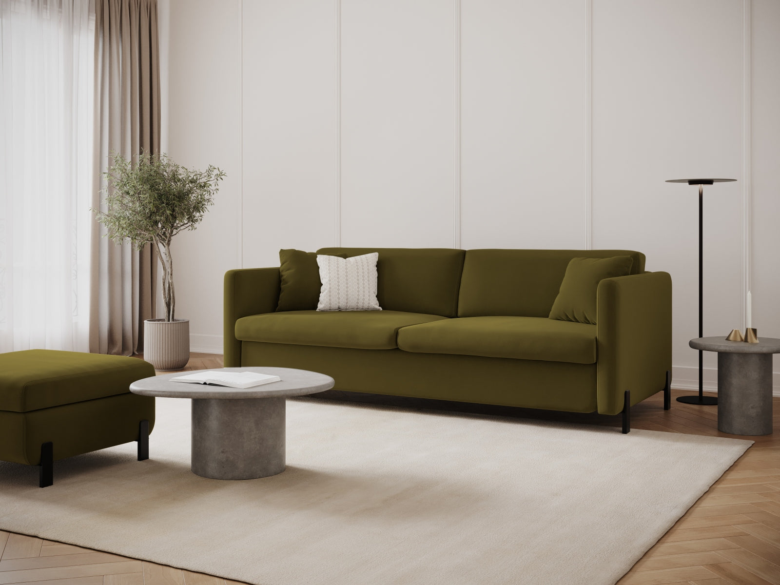 Entdecken Sie das stilvolle Gloria Velour Sofa von Micadoni – ein 3-Sitzer mit Schlaffunktion, perfekt für elegante Wohnräume und entspannte Nächte.