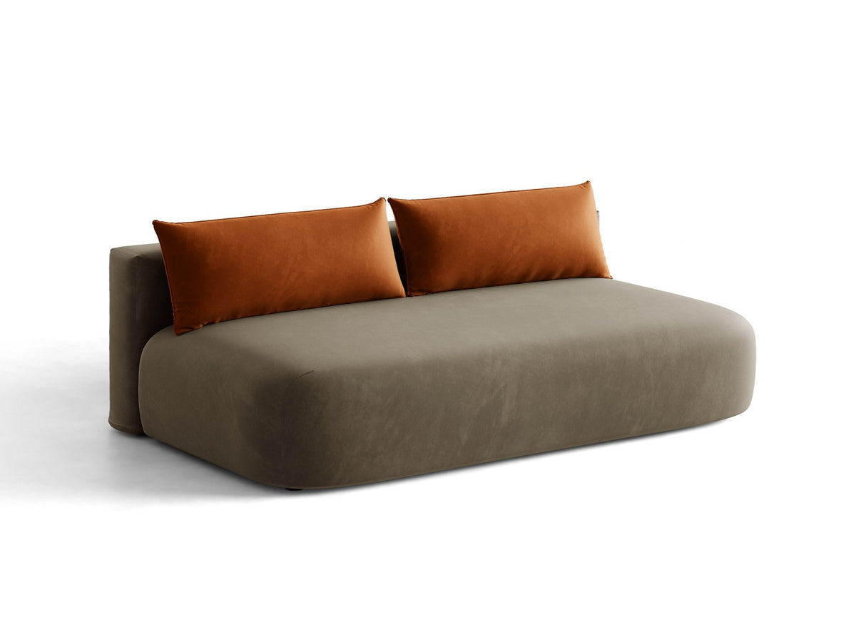 Beiges 3er Sofa Hena von Micadoni mit Chenille-Stoff, abgerundeter Form ohne Armlehnen, Kunststoffbeinen und sichtbarem Bettkasten.