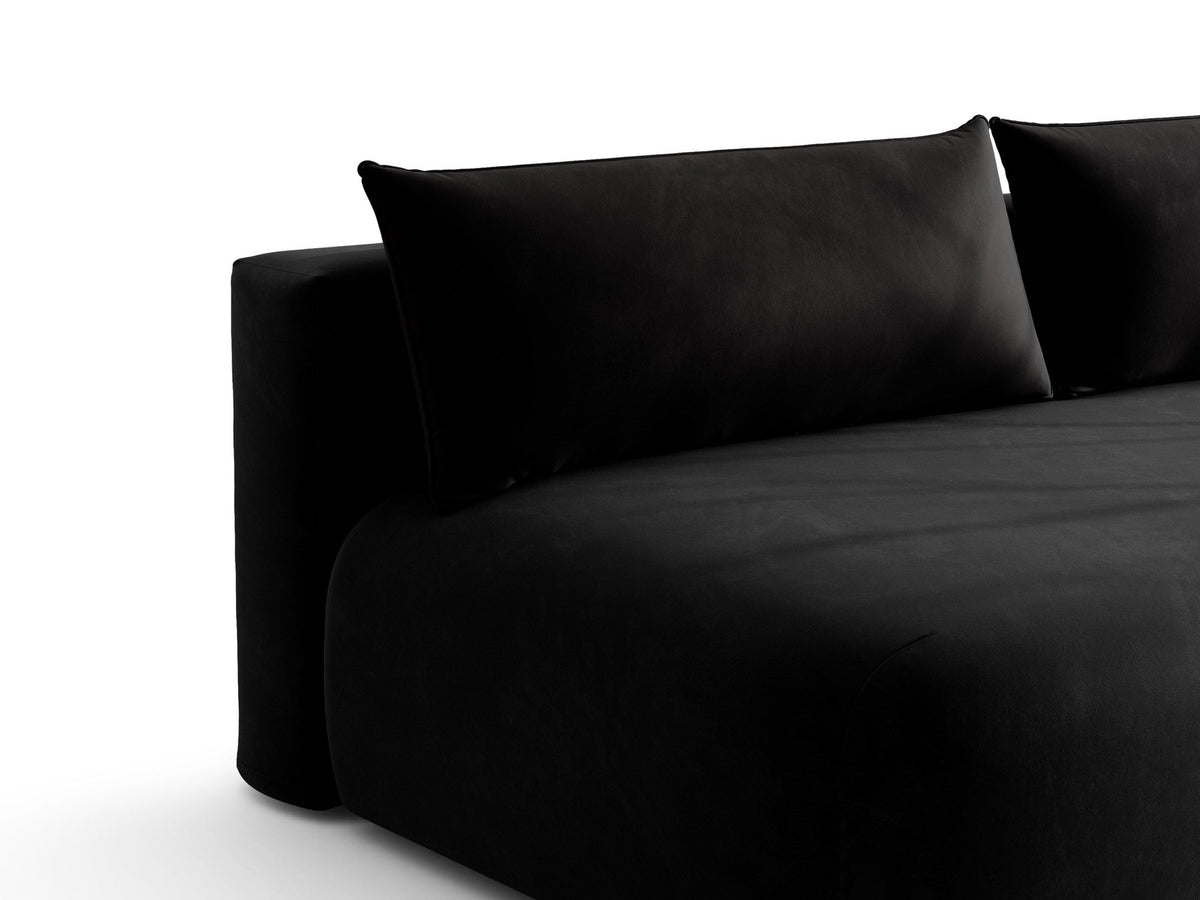 Beiges 3er Sofa Hena von Micadoni mit Chenille-Stoff, abgerundeter Form ohne Armlehnen, Kunststoffbeinen und sichtbarem Bettkasten.