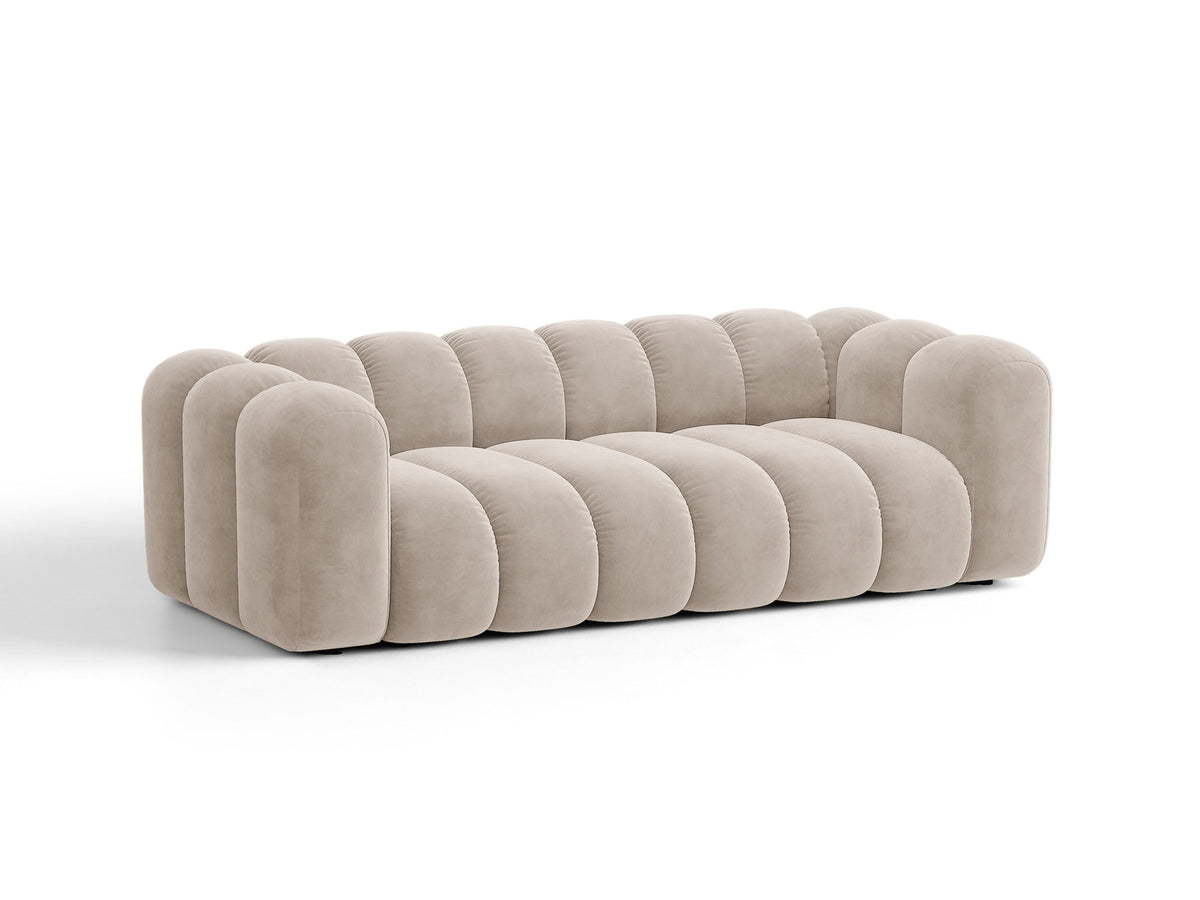 Micadoni Lupine 3er Sofa in leichtem Beige mit Bettfunktion, Stauraum im Bettkasten und schwarzen Kunststoffbeinen, Stoffbezug Eden 2 Pearl