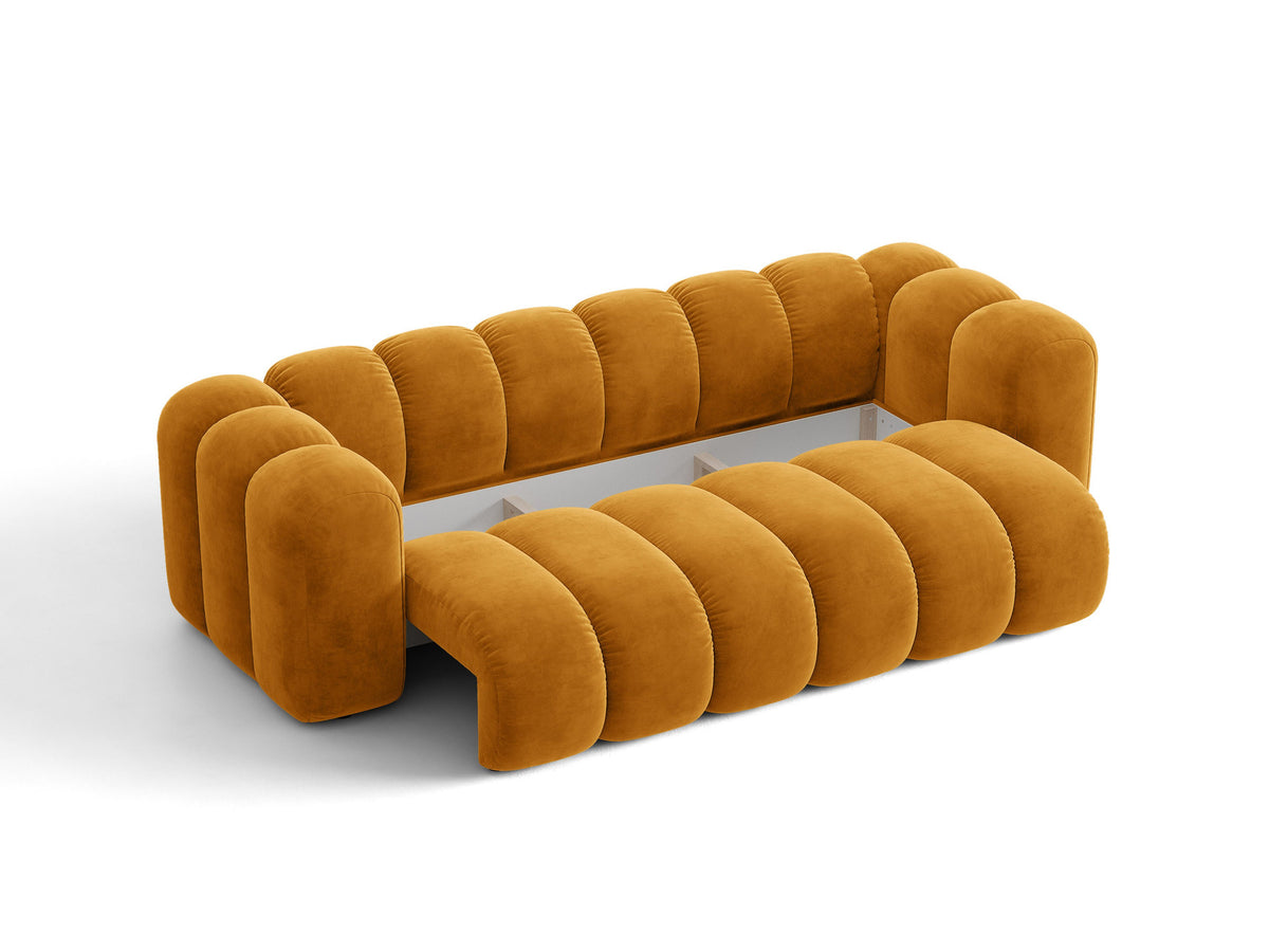 Micadoni Lupine 3er Sofa in leichtem Beige mit Bettfunktion, Stauraum im Bettkasten und schwarzen Kunststoffbeinen, Stoffbezug Eden 2 Pearl