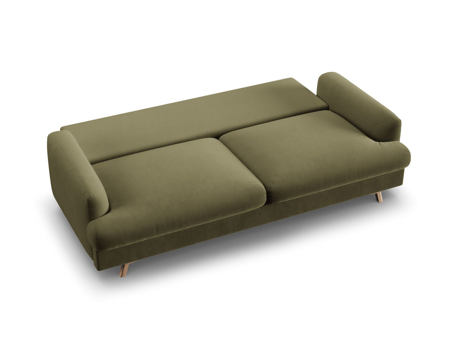 Stylisches 3-Sitzer Sofa Naomi in trendigem Grün, perfekt für jedes Wohnzimmer, mit cleverer Schlaffunktion und integriertem Stauraum.