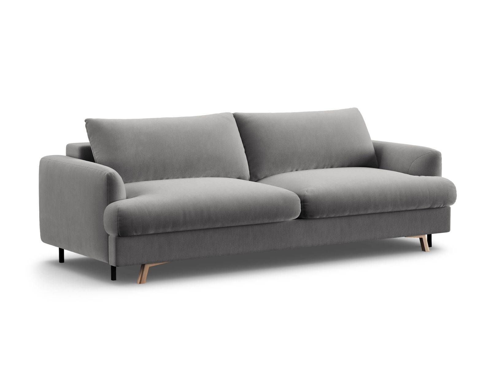 Elegantes 3-Sitzer Sofa Naomi in Grau mit praktischer Schlaffunktion und integriertem Stauraum, ideal für jedes Wohnzimmer.