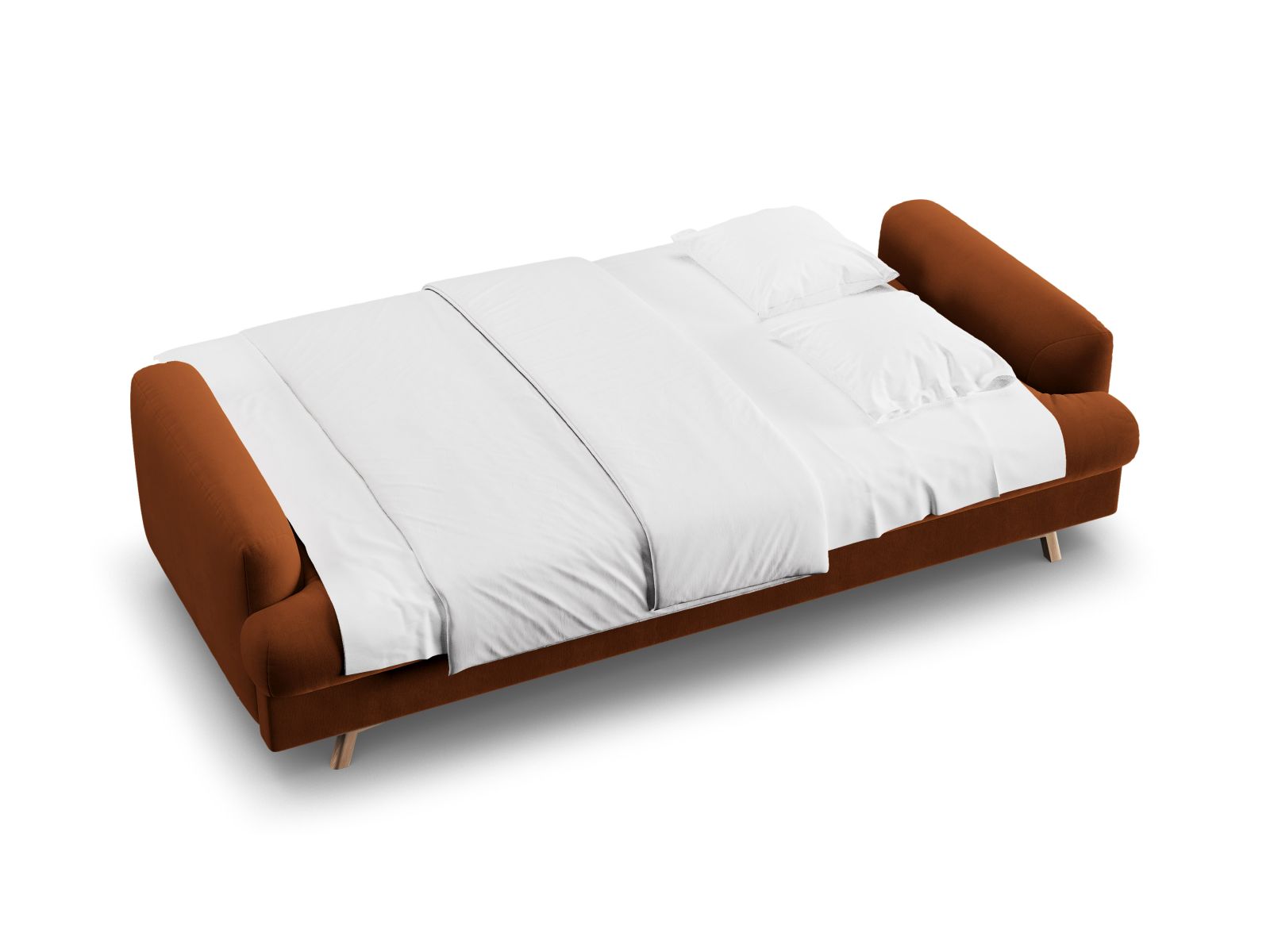 Stylisches 3-Sitzer Sofa Naomi in elegantem Terracotta, ideal für entspannte Stunden, mit praktischer Schlaffunktion und Stauraum.