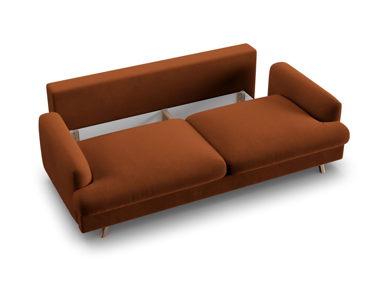 Modernes 3-Sitzer Sofa Naomi in warmem Terracotta, perfekt für Gäste, mit cleverer Schlaffunktion und integriertem Stauraum.