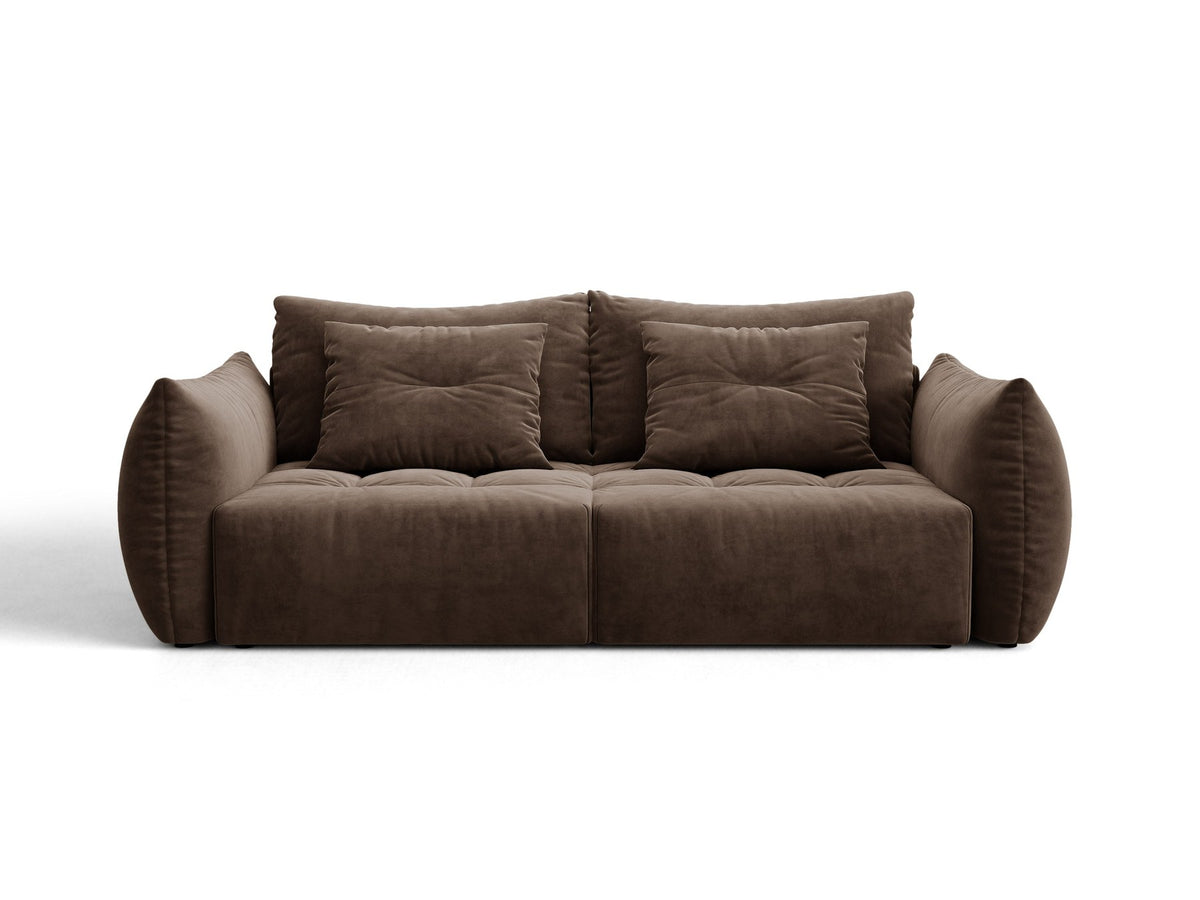 Beiges 3er Sofa Bloom von Micadoni aus samtigem Casino-Stoff mit schwarzen Kunststoffbeinen, ausklappbarer Bettfunktion und Stauraumfach.