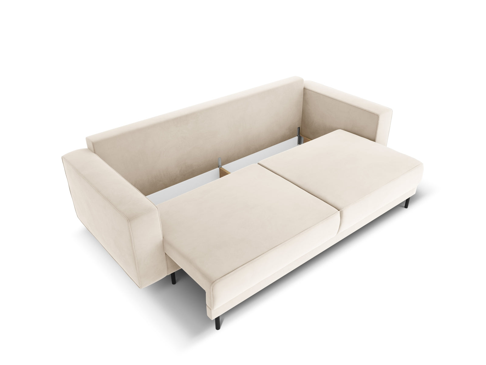 Stilvolles Caro Velour Sofa in sanften Farben, perfekt für Wohnräume, bietet Schlaffunktion und cleveren Stauraum.