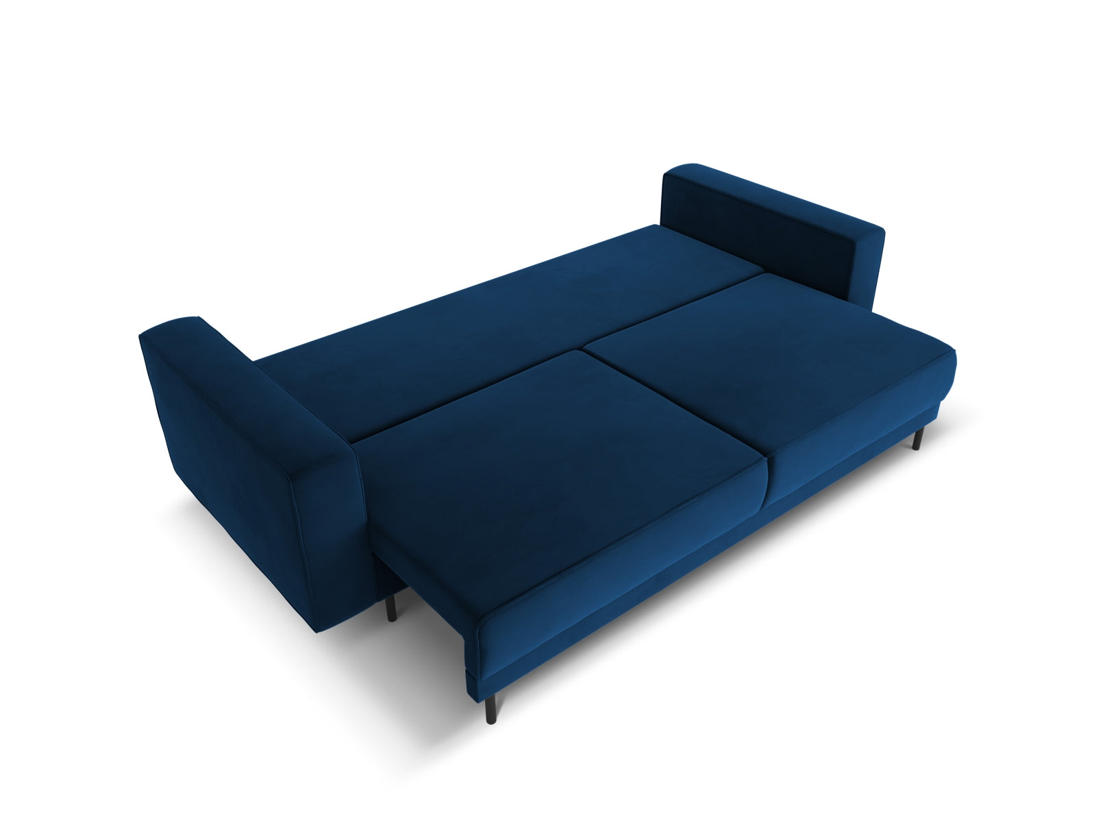 Elegantes Caro Velour Sofa in tiefem Blau, 3-Sitzer mit cleverer Schlaffunktion und zusätzlichem Stauraum für vielseitige Nutzung.
