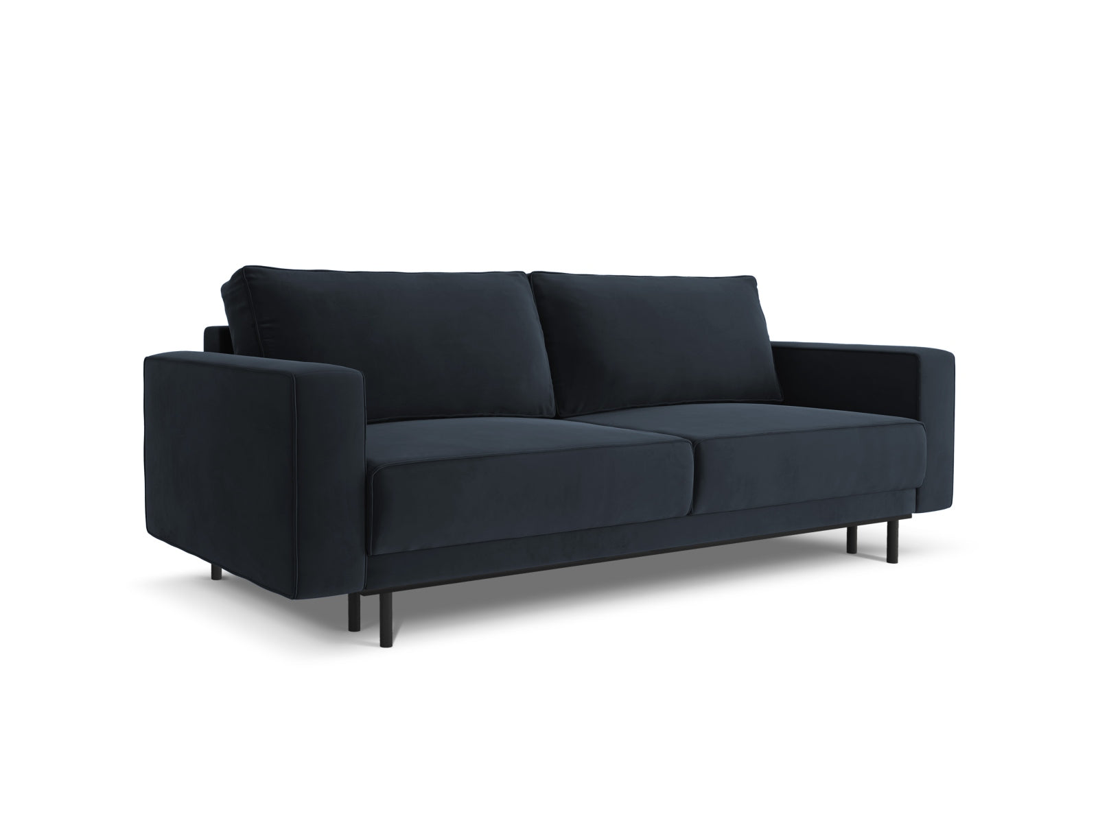 Stilvolles 3-Sitzer Sofa aus Velours in Dunkelblau, bietet Schlaffunktion und praktischen Stauraum für moderne Wohnkonzepte.