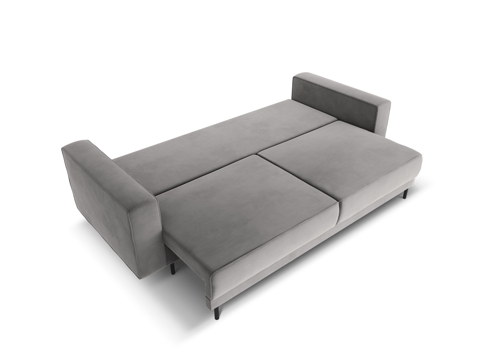 Elegantes Caro Velour Sofa in Hellgrau, 3-Sitzer mit integrierter Schlaffunktion und cleverem Stauraum für zusätzlichen Komfort.