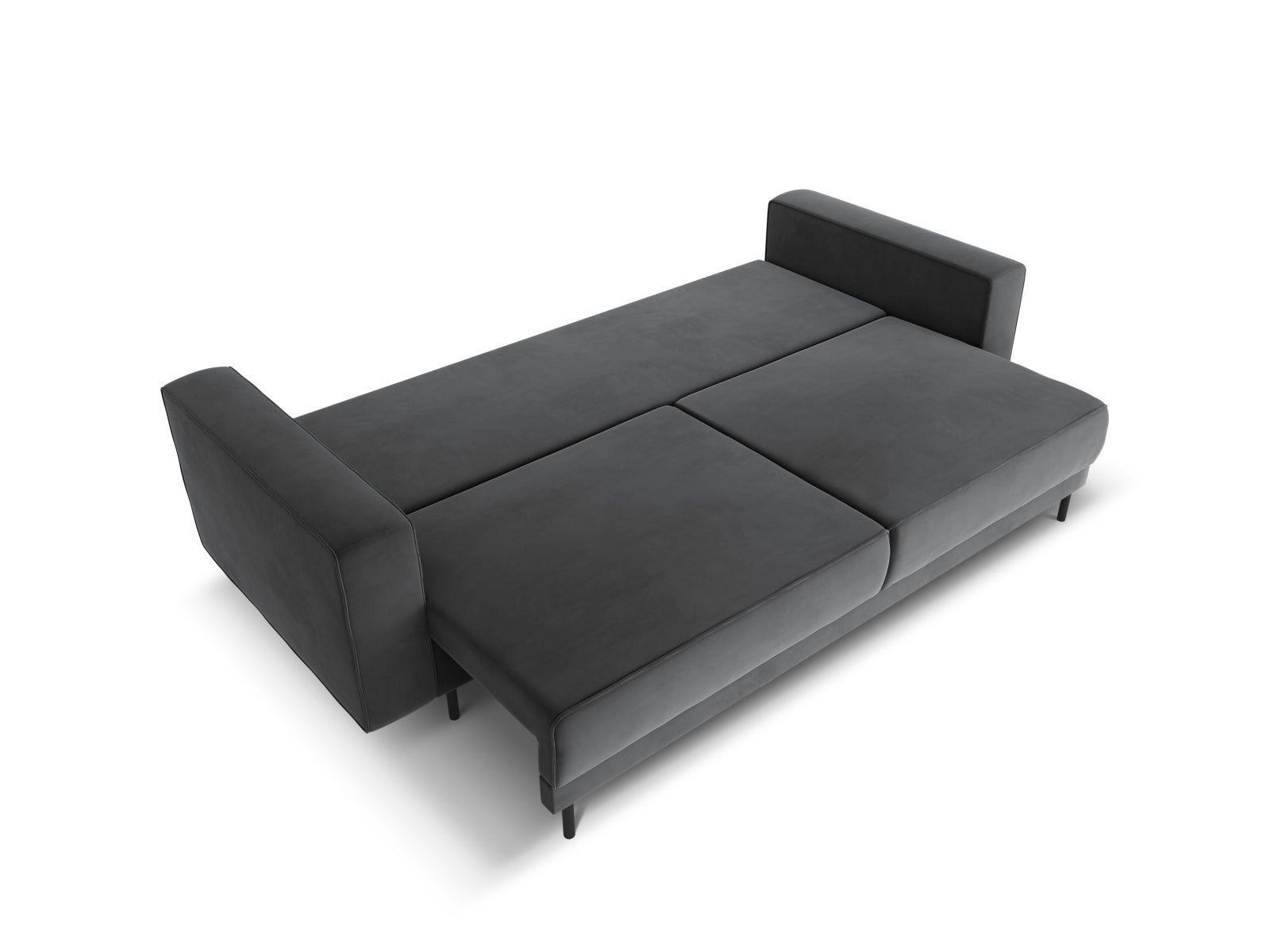 Elegantes 3-Sitzer Sofa Caro aus Velours in Grau-Blau, ideal für Wohnräume mit Schlaffunktion und praktischem Stauraum.