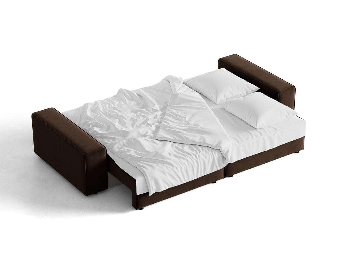 Braunes 3er Sofa Jodie von Micadoni mit Stoffbezug, schwarzen Kunststoffbeinen, ausklappbarer Bettfunktion und integriertem Stauraum im Sitzbereich.