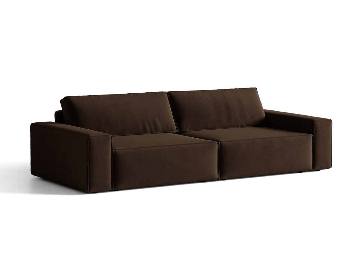 Braunes 3er Sofa Jodie von Micadoni mit Stoffbezug, schwarzen Kunststoffbeinen, ausklappbarer Bettfunktion und integriertem Stauraum im Sitzbereich.