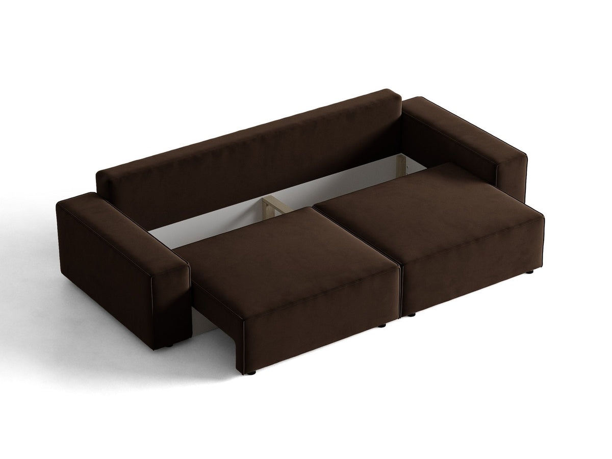 Braunes 3er Sofa Jodie von Micadoni mit Stoffbezug, schwarzen Kunststoffbeinen, ausklappbarer Bettfunktion und integriertem Stauraum im Sitzbereich.