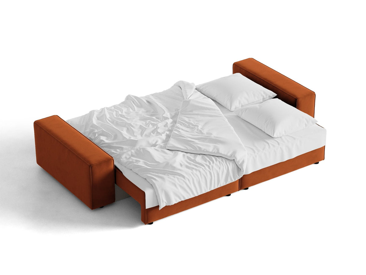 Braunes 3er Sofa Jodie von Micadoni mit Stoffbezug, schwarzen Kunststoffbeinen, ausklappbarer Bettfunktion und integriertem Stauraum im Sitzbereich.