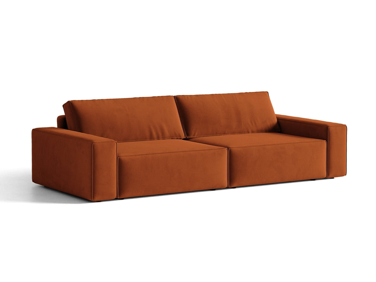 Braunes 3er Sofa Jodie von Micadoni mit Stoffbezug, schwarzen Kunststoffbeinen, ausklappbarer Bettfunktion und integriertem Stauraum im Sitzbereich.