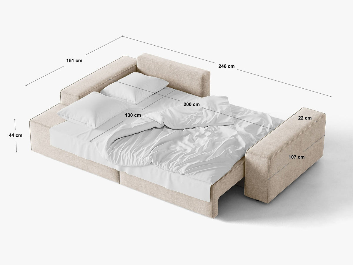 Braunes 3er Sofa Jodie von Micadoni mit Stoffbezug, schwarzen Kunststoffbeinen, ausklappbarer Bettfunktion und integriertem Stauraum im Sitzbereich.