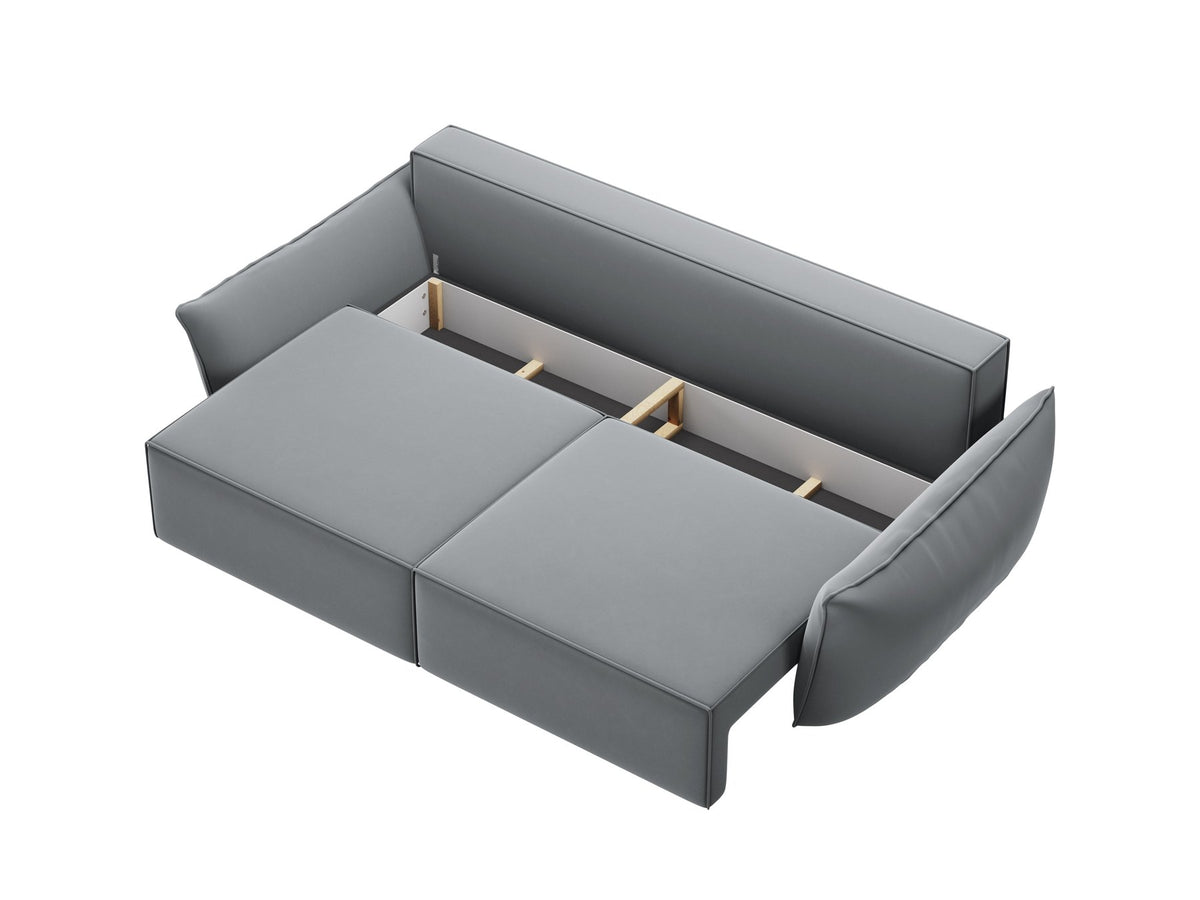 3-Sitzer Sofa Kaelle von Micadoni in leichtem Beige mit Chenille-Bezug, Bettkasten und schwarzen Kunststoffbeinen, Frontalansicht.