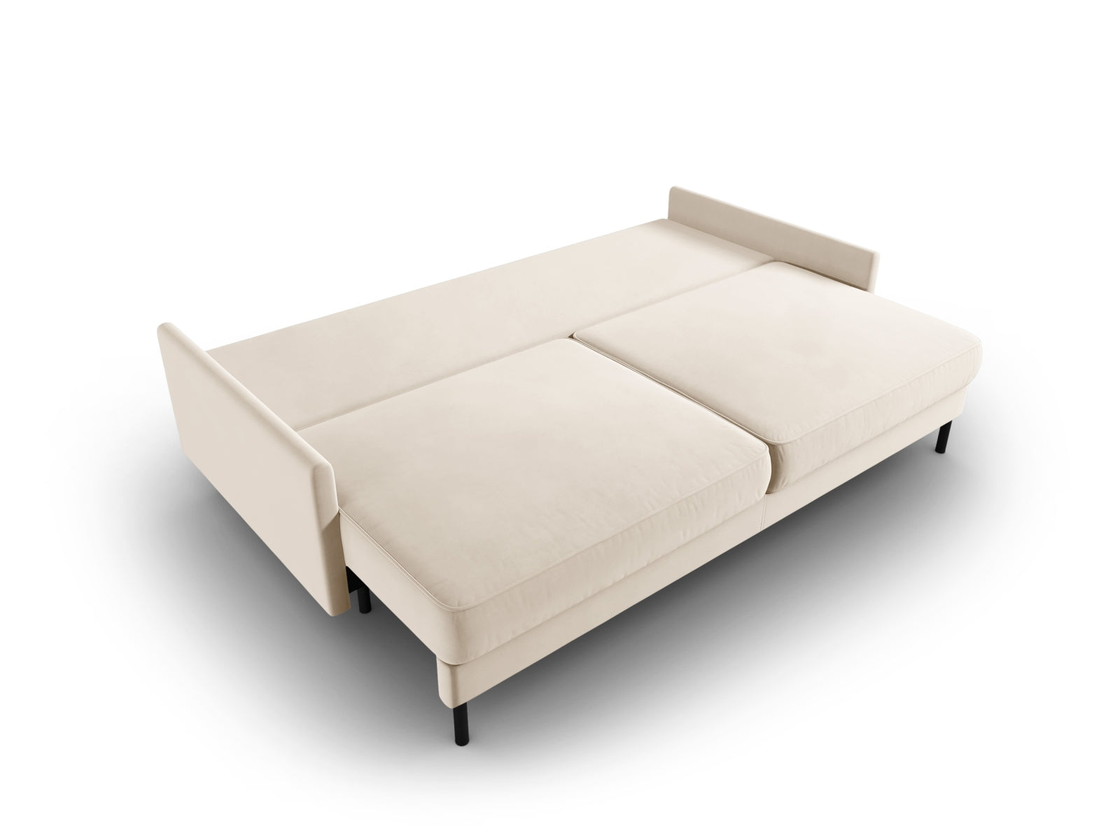Elegantes 3-Sitzer Velours Sofa in hellem Beige, ideal für Gästeübernachtungen und mit praktischem Stauraum für zusätzlichen Komfort.