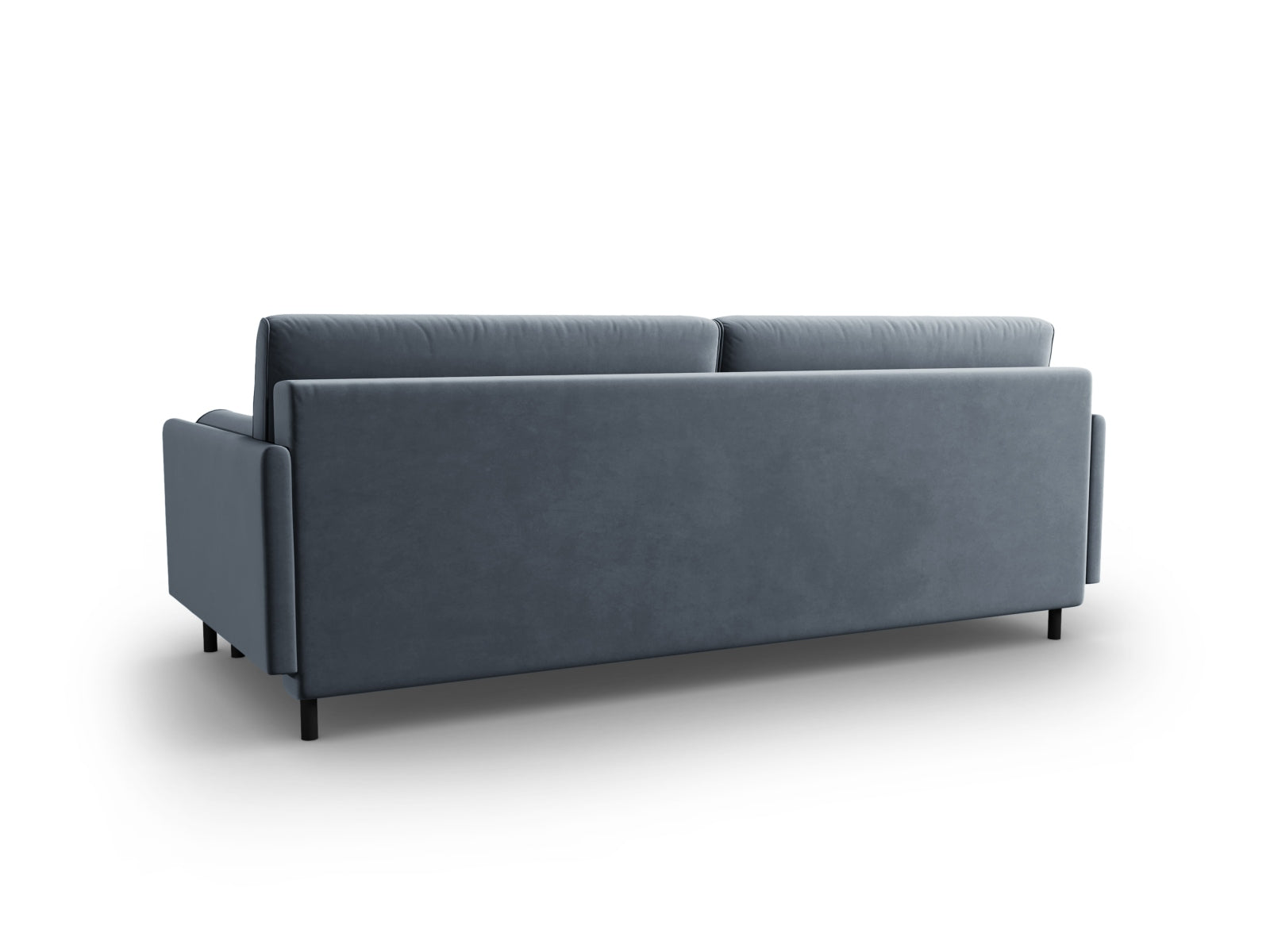 Elegantes 3-Sitzer Velour Sofa in sanftem Hellblau, ideal für stilvolle Räume, bietet Schlafgelegenheit und praktischen Stauraum.