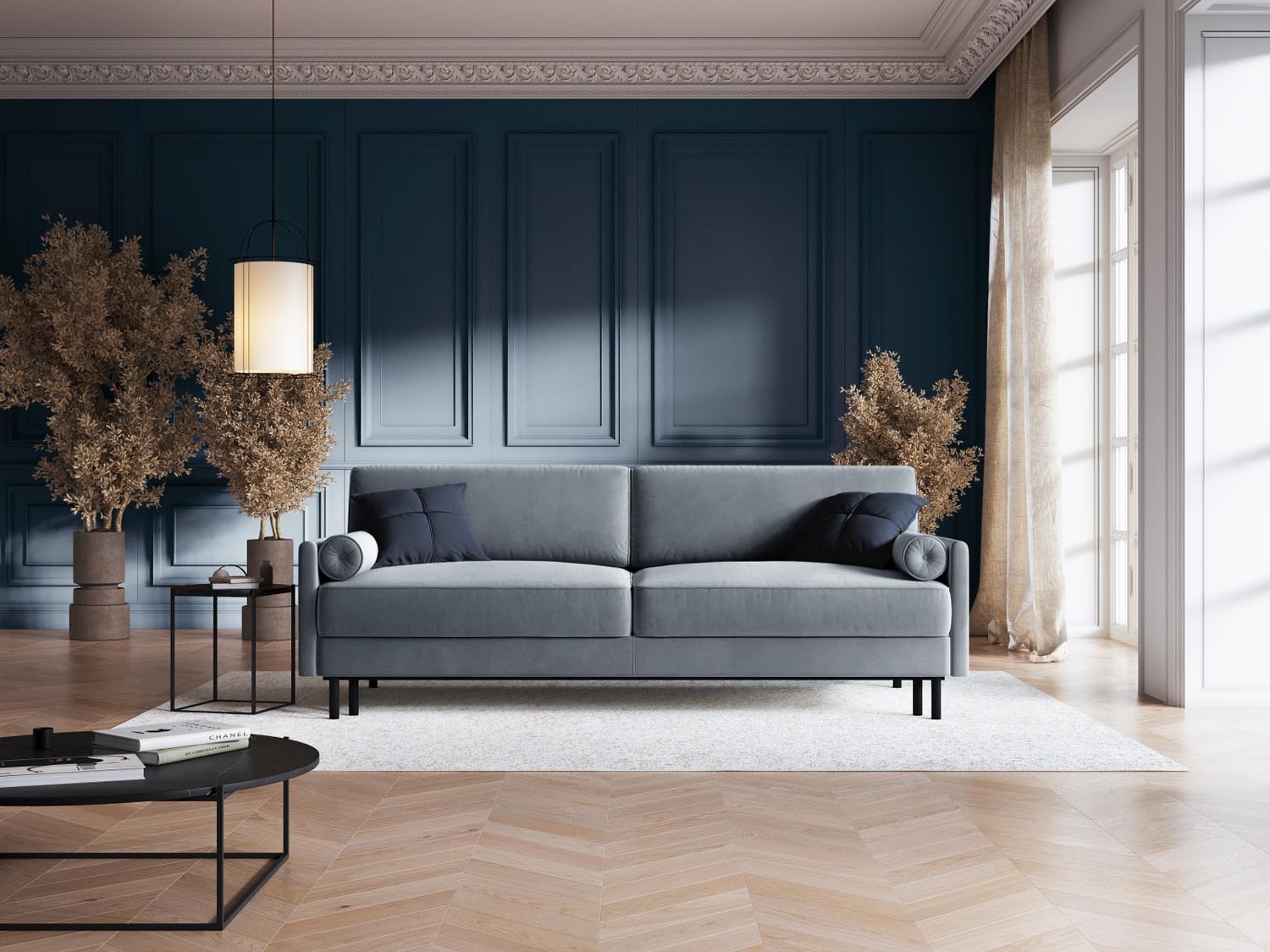 Elegantes Scott Velour Sofa in sanftem Hellblau, 3-Sitzer mit Schlaffunktion und praktischem Stauraum, ideal für modernes Wohnen.